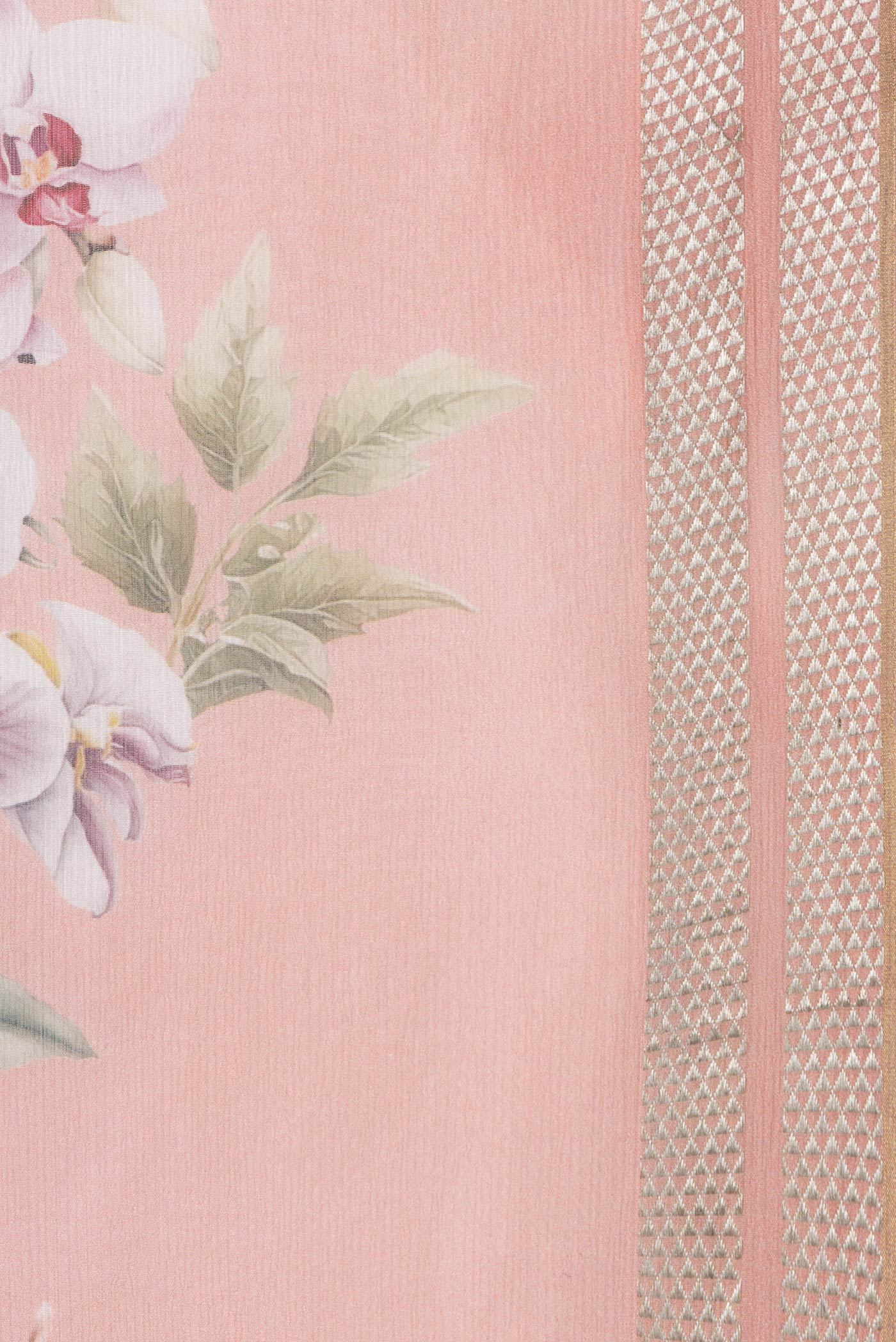Border image of Peach Dual Tone Mysore Chiffon Saree with Printed design on the body and Zari Border. 
