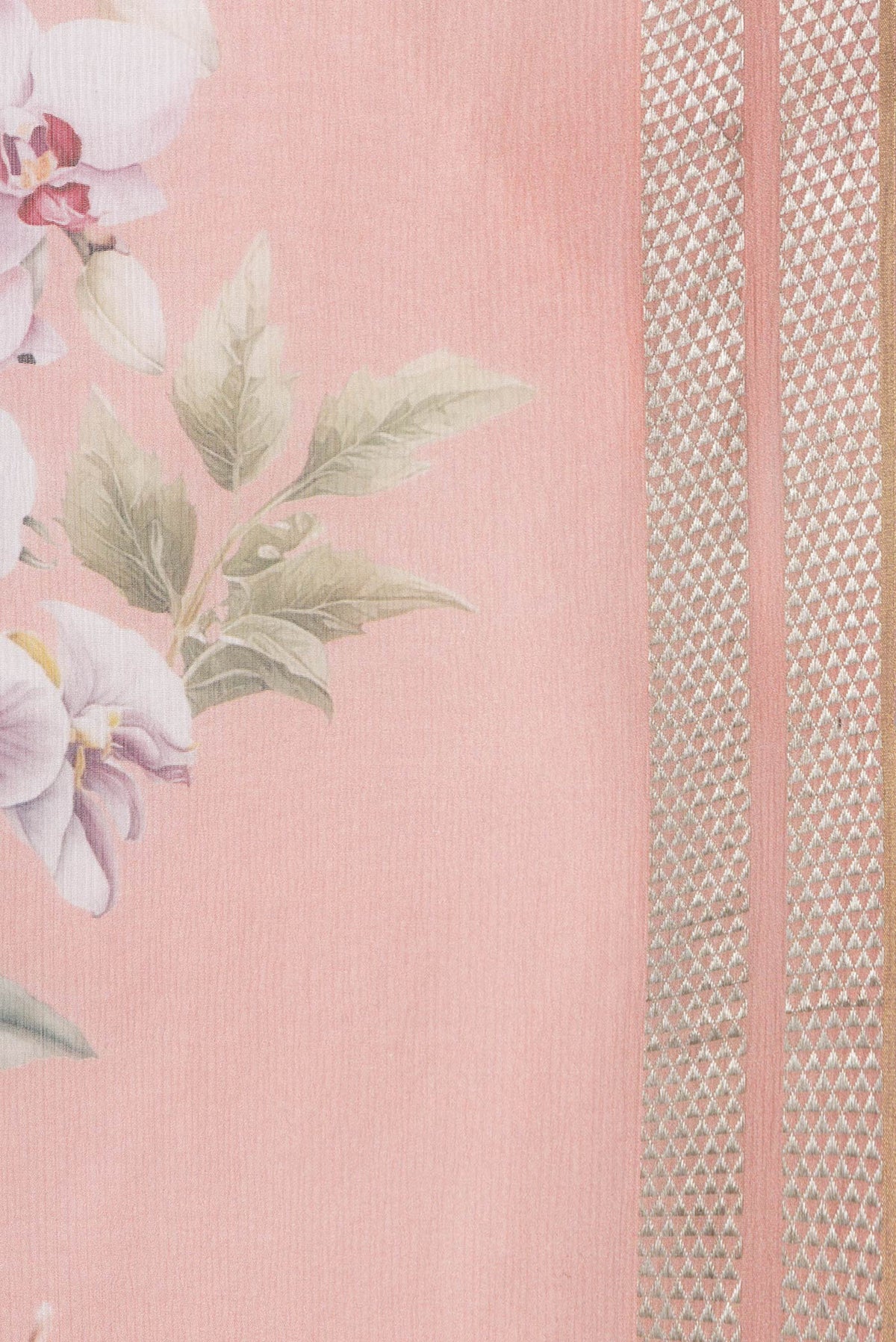 Border image of Peach Dual Tone Mysore Chiffon Saree with Printed design on the body and Zari Border. 