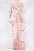Peach Dual Tone Mysore Chiffon Saree with Printed design on the body and Zari Border.  displayed on a mannequin