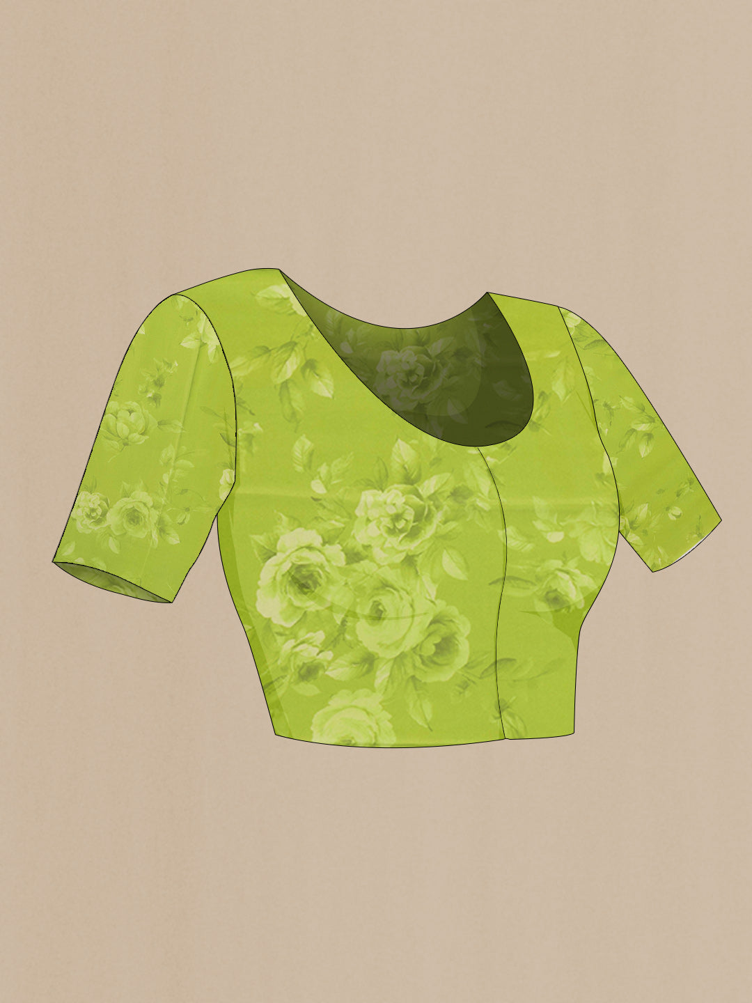 Close up image of the blouse of Parrot Green Mysore Chiffon Saree with Floral Print on the body and Zari Border. 