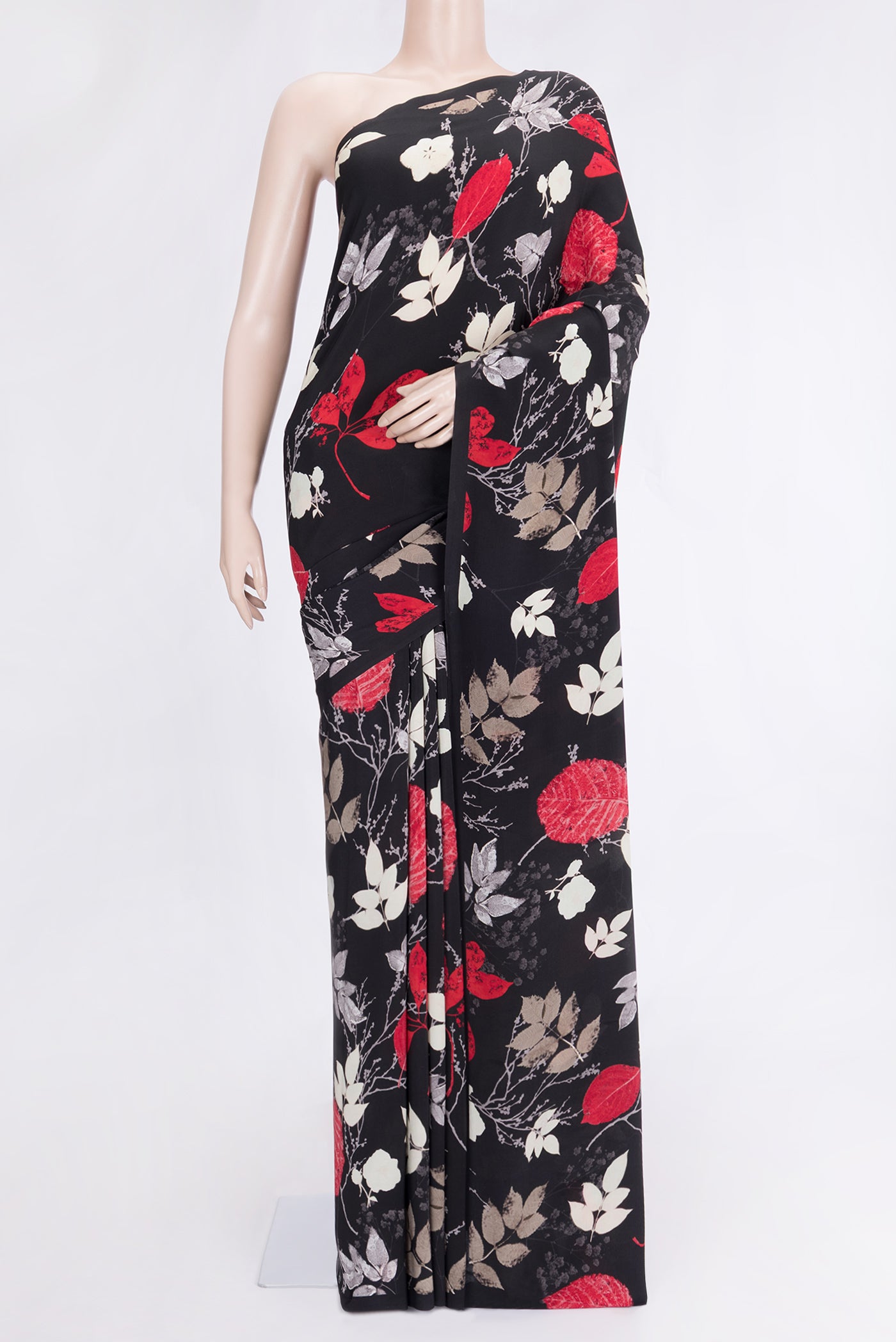 Black Dual Tone Mysore Crepe Saree with Printed design on the body and Without Border.  displayed on a mannequin