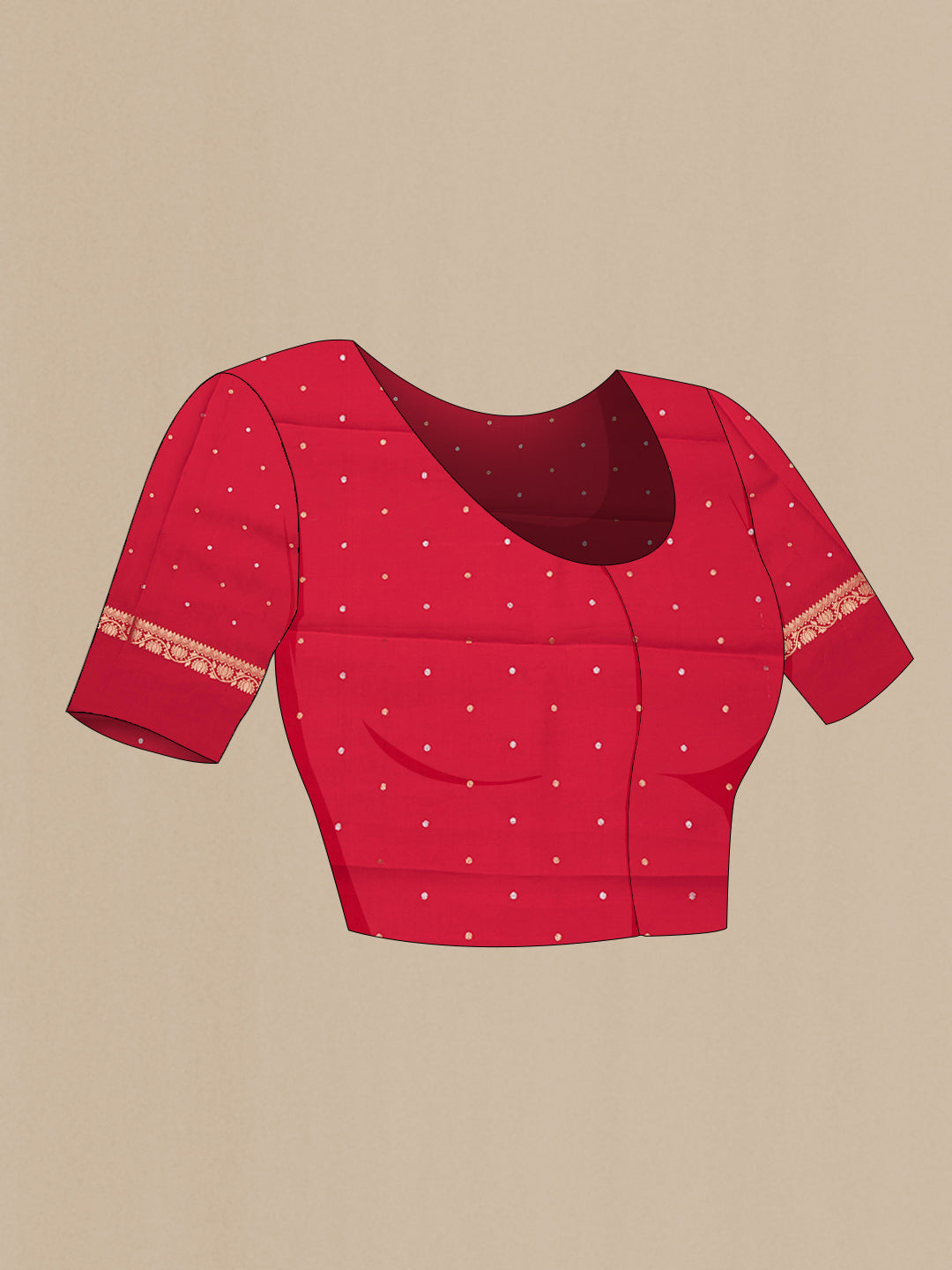 Close up image of the blouse of Red Dual Tone Organza Silk Saree with Embroidery on the body and Zari Border. 