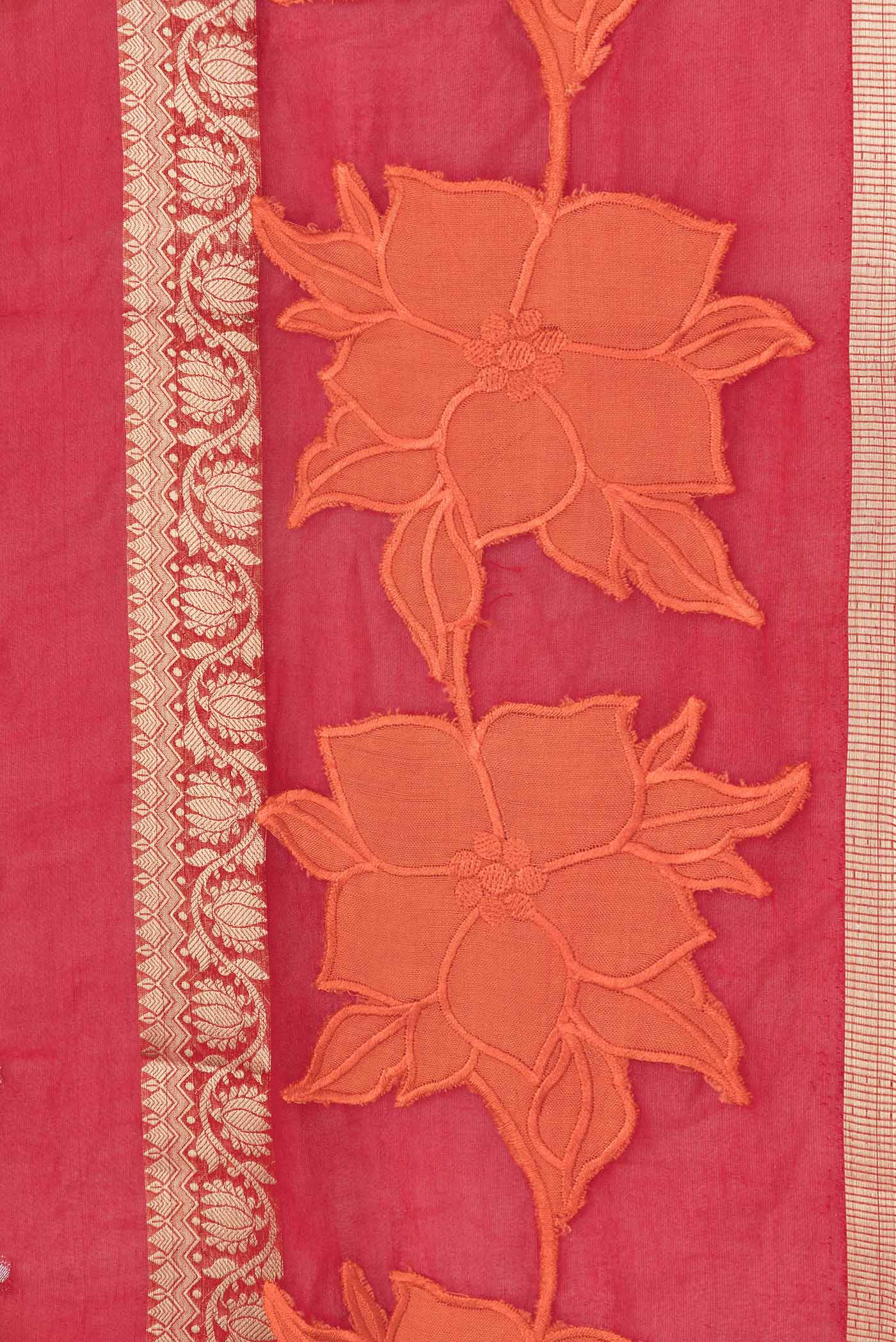 Border image of Red Dual Tone Organza Silk Saree with Embroidery on the body and Zari Border. 