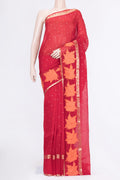 Red Dual Tone Organza Silk Saree with Embroidery on the body and Zari Border.  displayed on a mannequin