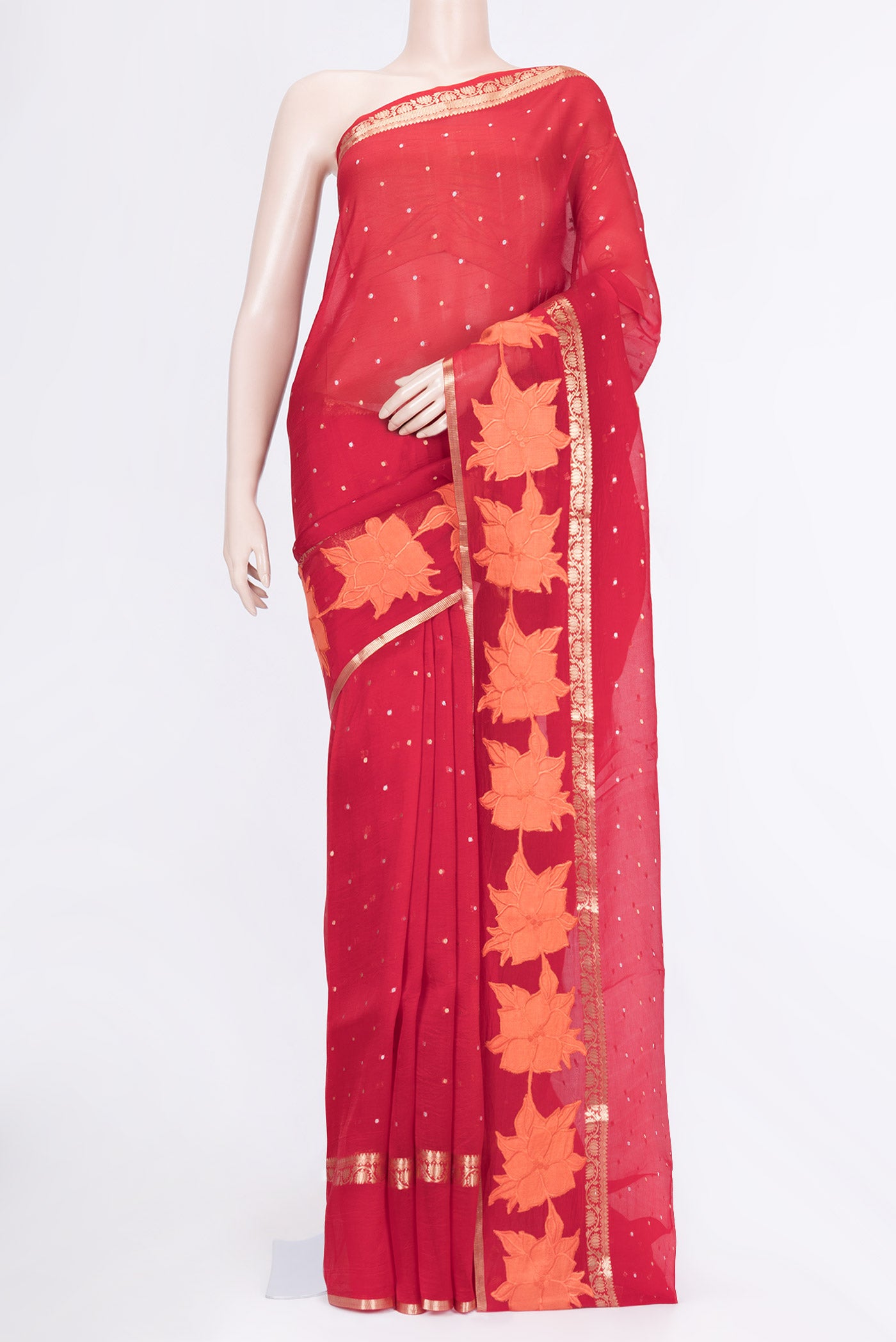 Red Dual Tone Organza Silk Saree with Embroidery on the body and Zari Border.  displayed on a mannequin