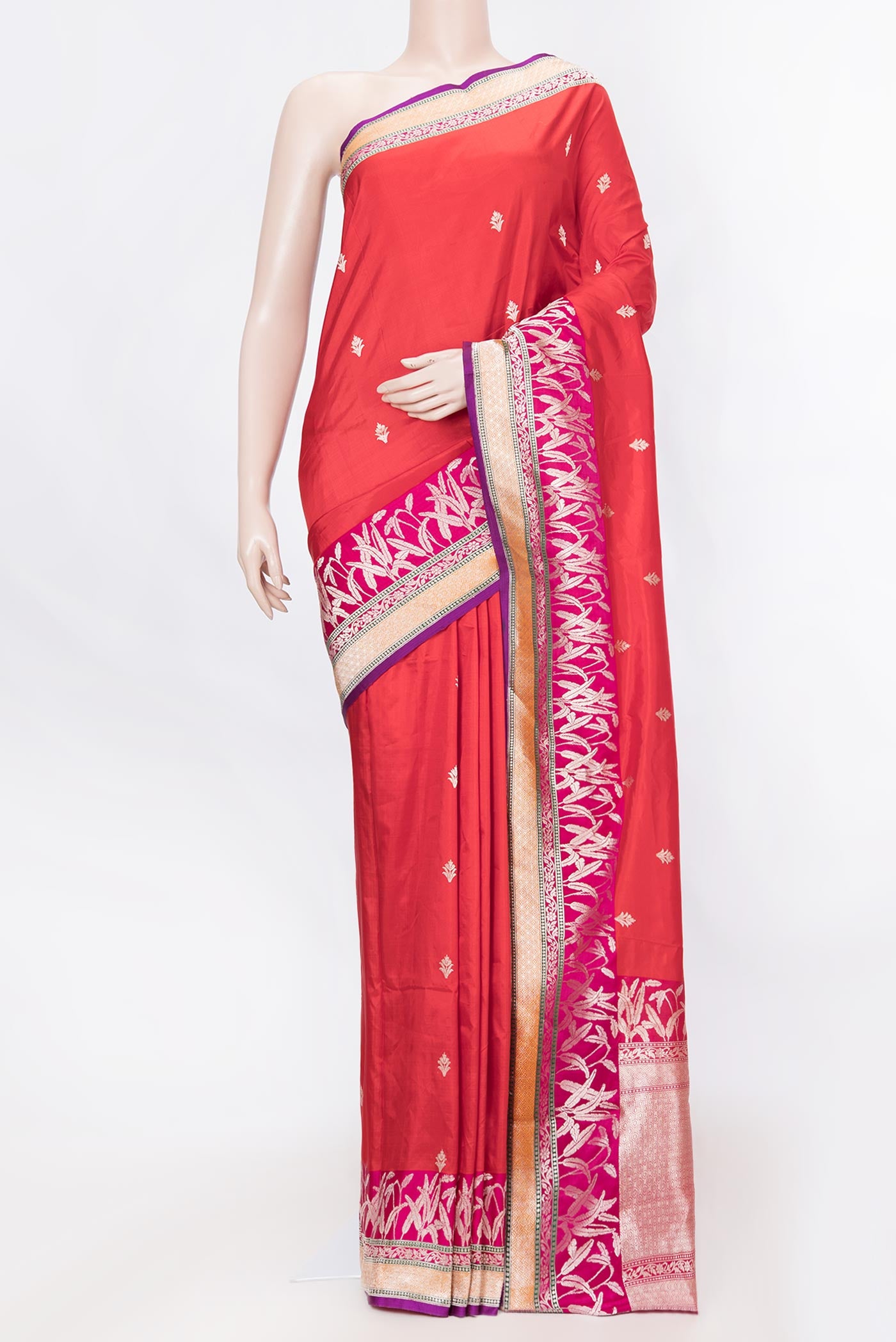 Red Dual Tone Banarasi Silk Saree with Zari Butta on the body and Zari Border displayed on a mannequin