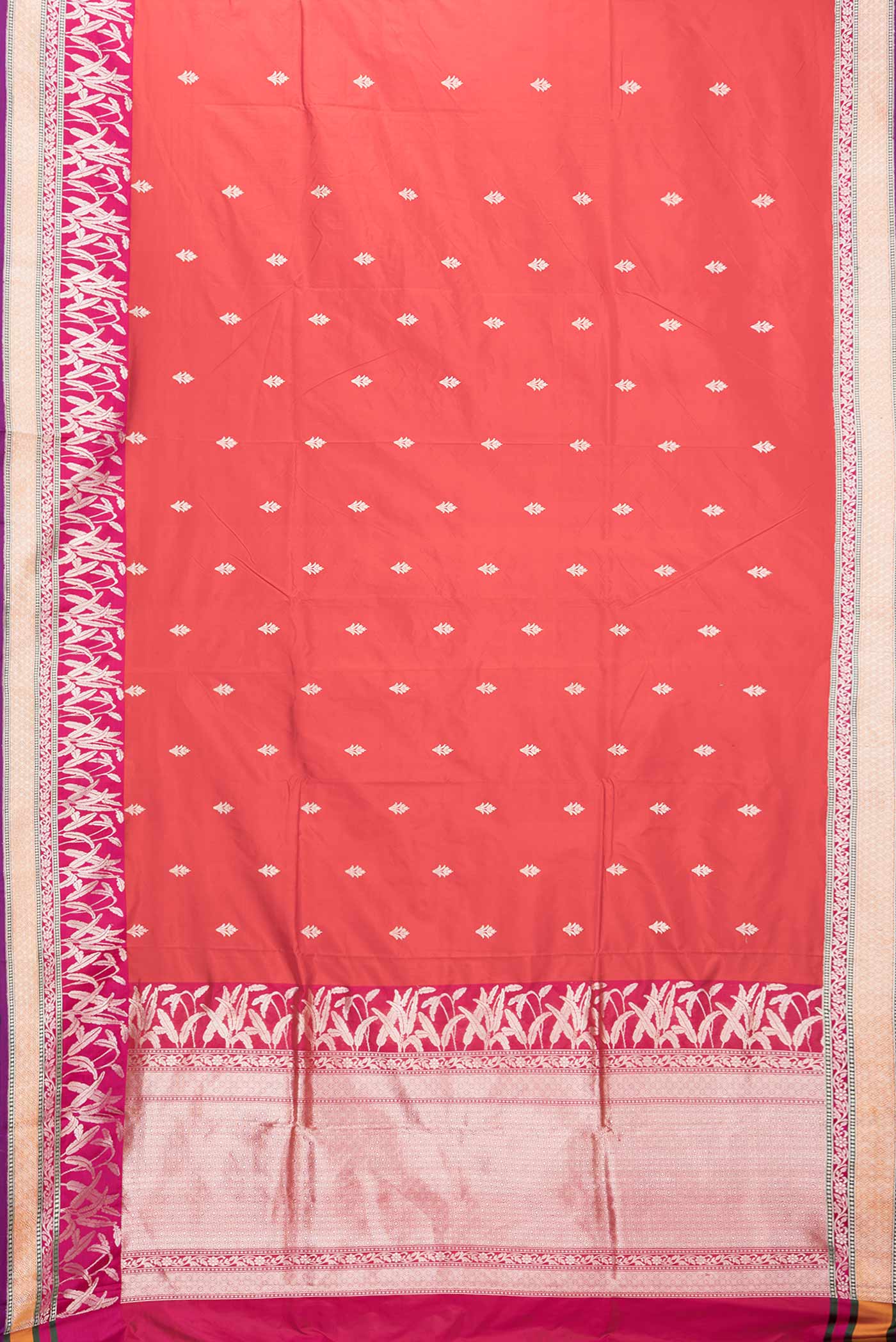Flat view of Red Dual Tone Banarasi Silk Saree with Zari Butta on the body and Zari Border