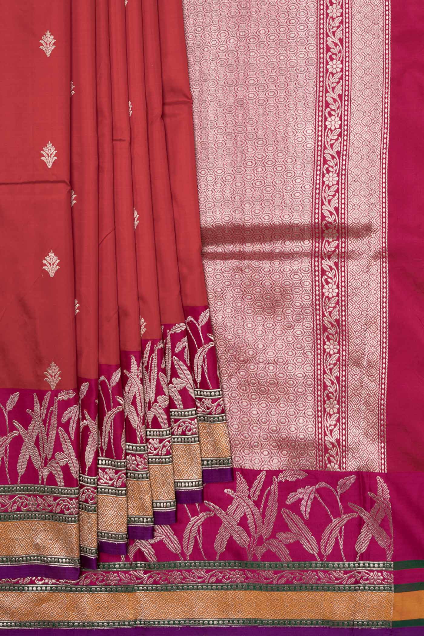 Pleats and pallu of Red Dual Tone Banarasi Silk Saree with Zari Butta on the body and Zari Border