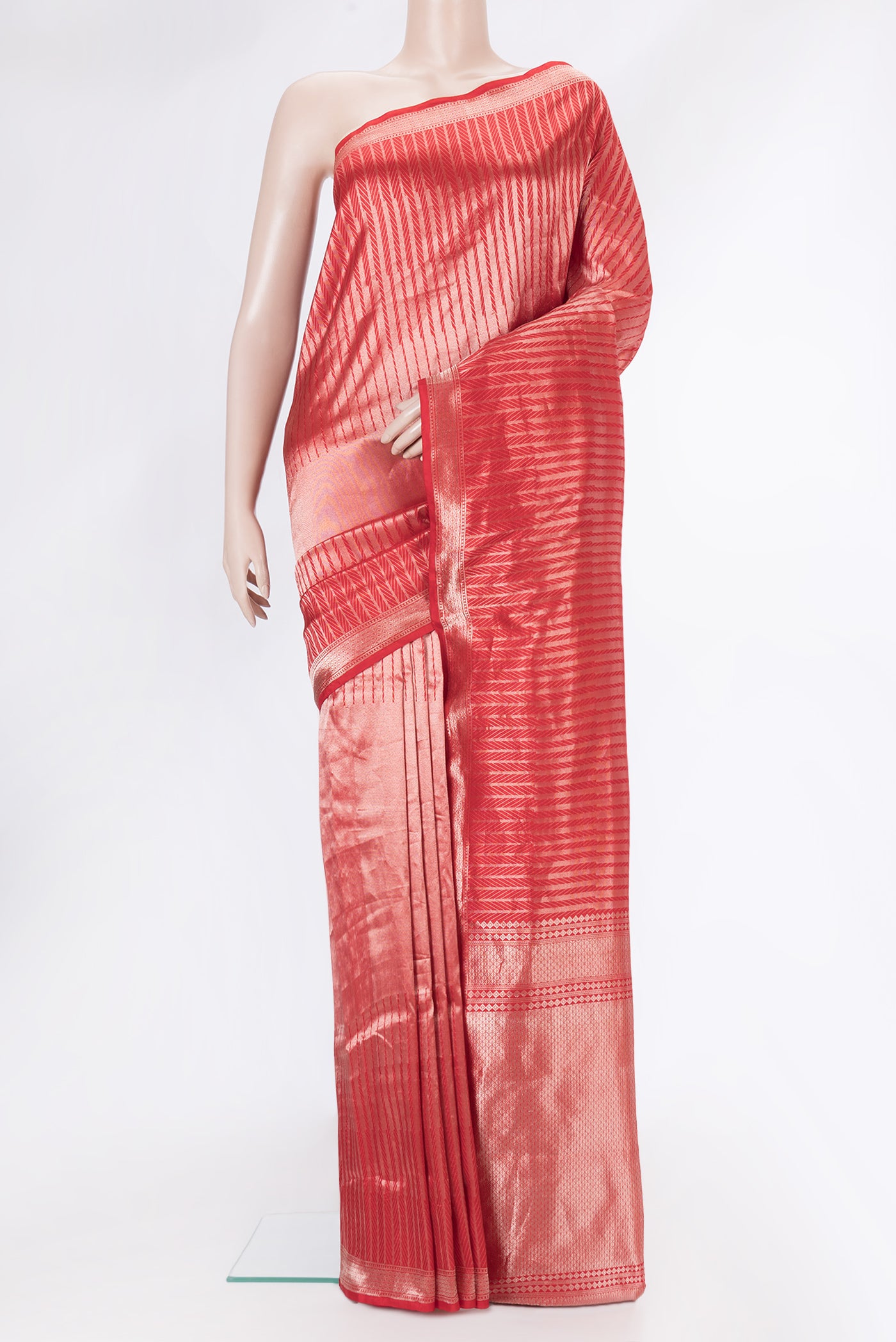 Red Dual Tone Banarasi Silk Saree with Zari Brocade on the body and Zari Border.  displayed on a mannequin