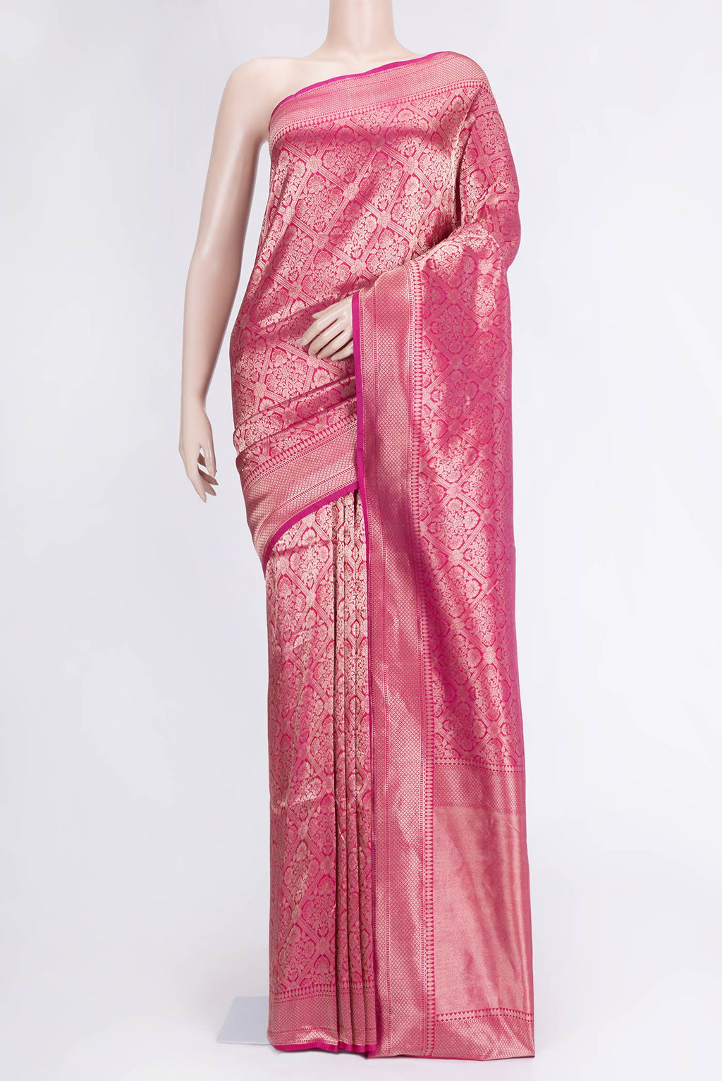 Pink Dual Tone Banarasi Silk Saree with Zari Brocade on the body and Zari Border.  displayed on a mannequin