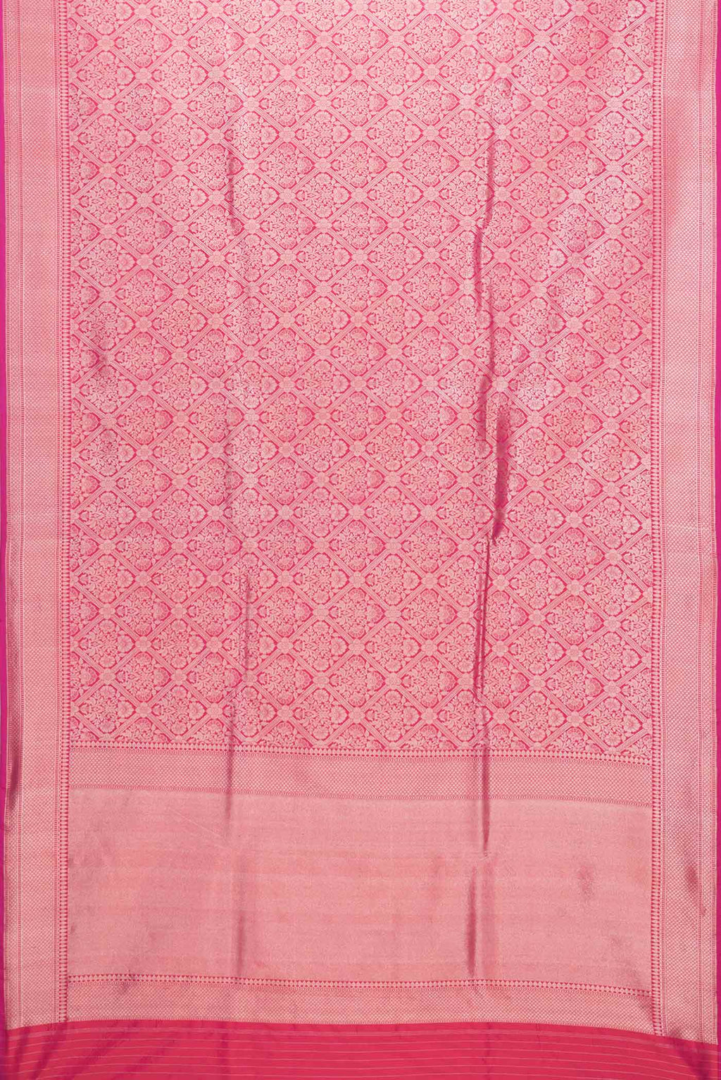 Flat view of Pink Dual Tone Banarasi Silk Saree with Zari Brocade on the body and Zari Border. 