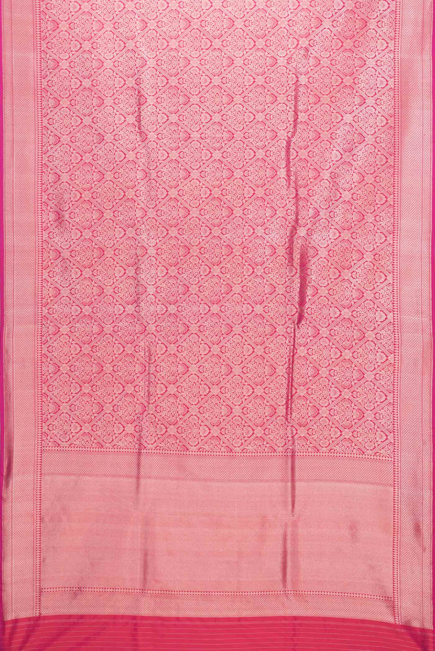 Flat view of Pink Dual Tone Banarasi Silk Saree with Zari Brocade on the body and Zari Border. 