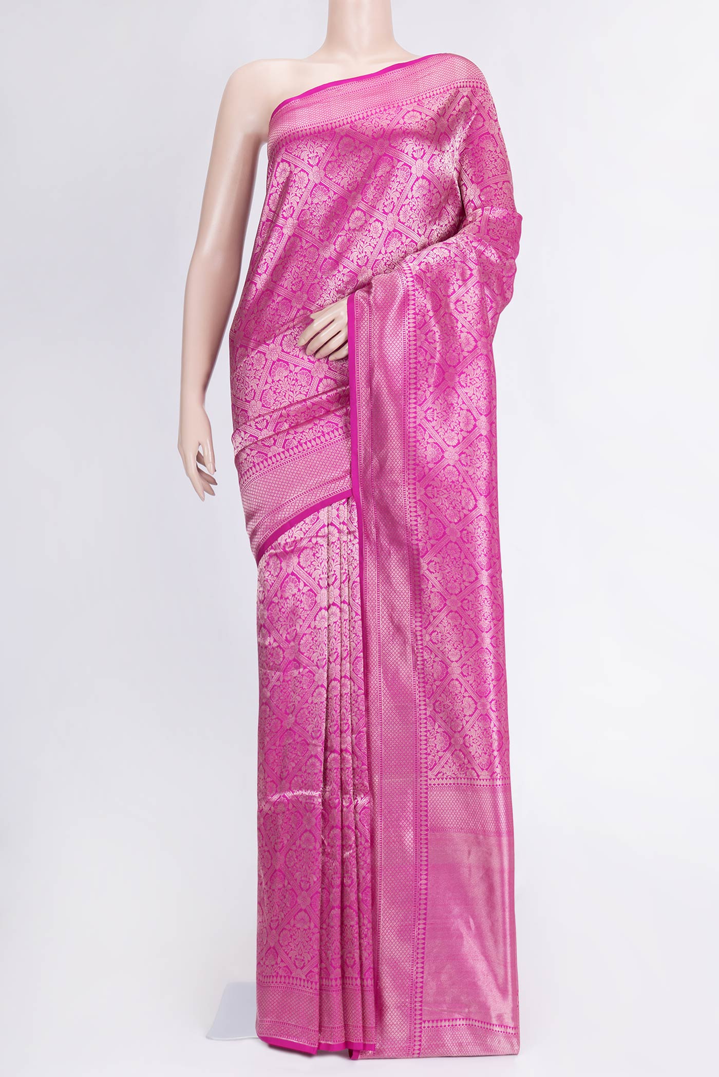 Dark Pink Dual Tone Banarasi Silk Saree with Zari Brocade on the body and Zari Border.  displayed on a mannequin