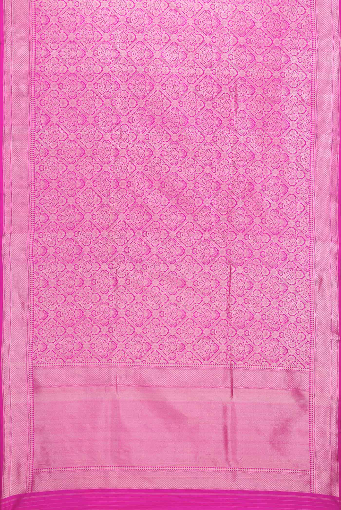 Flat view of Dark Pink Dual Tone Banarasi Silk Saree with Zari Brocade on the body and Zari Border. 