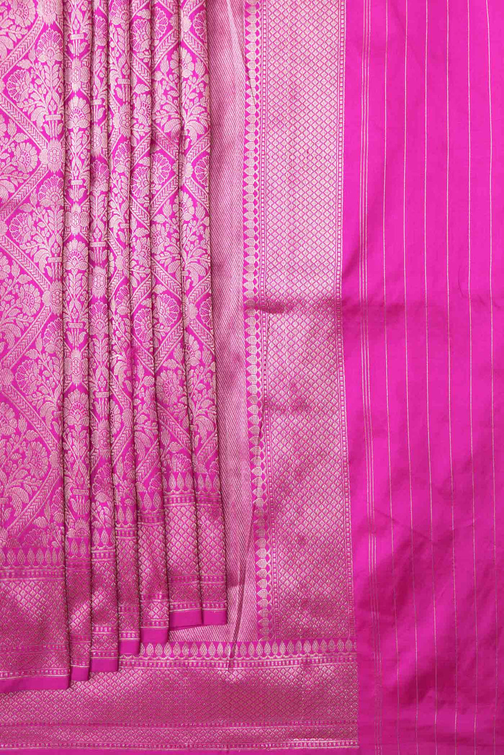 Pleats and pallu of Dark Pink Dual Tone Banarasi Silk Saree with Zari Brocade on the body and Zari Border. 