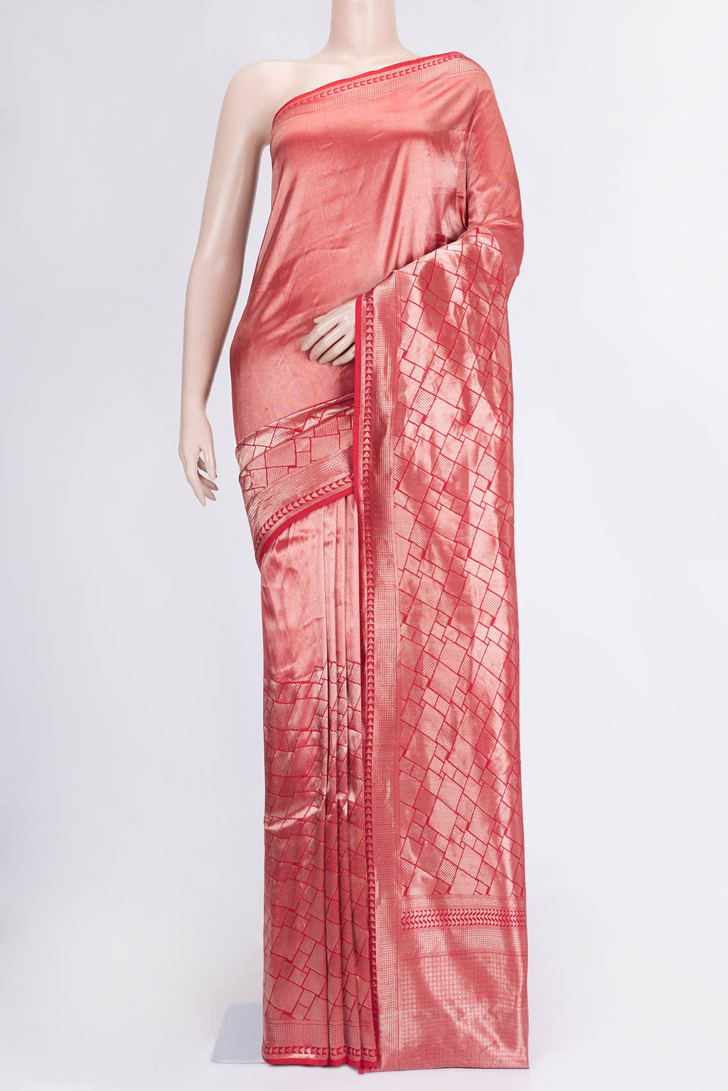 Red Dual Tone Banarasi Silk Saree with Zari Brocade on the body and Zari Border.  displayed on a mannequin