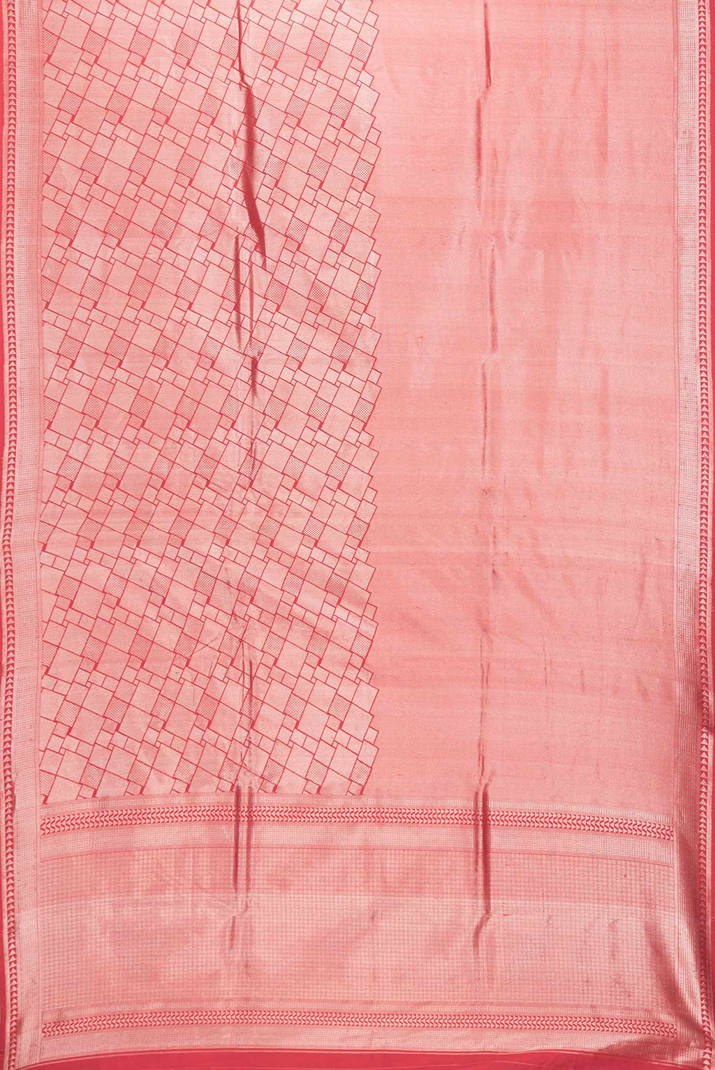 Flat view of Red Dual Tone Banarasi Silk Saree with Zari Brocade on the body and Zari Border. 