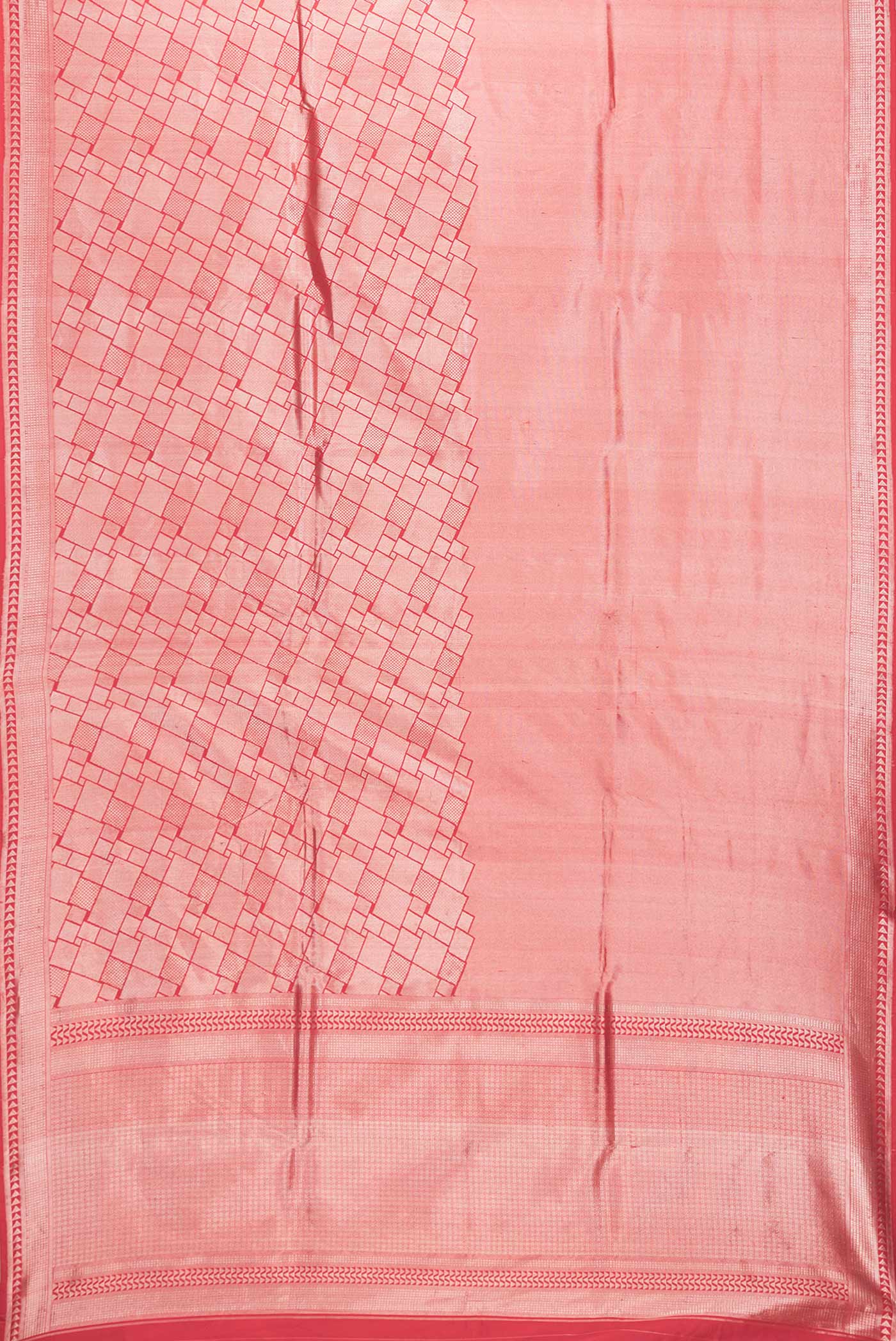 Flat view of Red Dual Tone Banarasi Silk Saree with Zari Brocade on the body and Zari Border. 