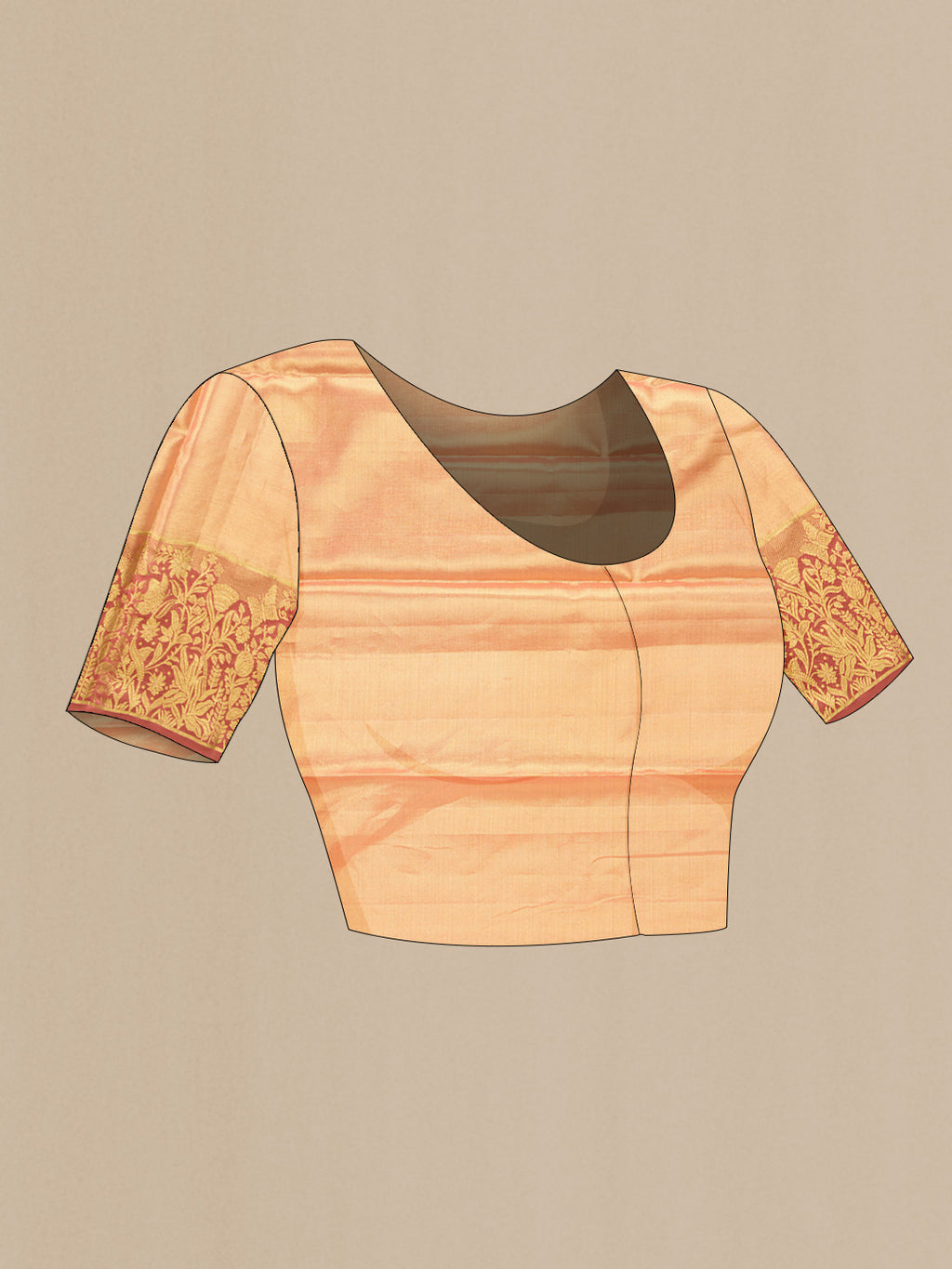 Close up image of the blouse of Gold Dual Tone Kanchipuram Tissue Silk Saree with Zari Brocade on the body and Zari Border. 