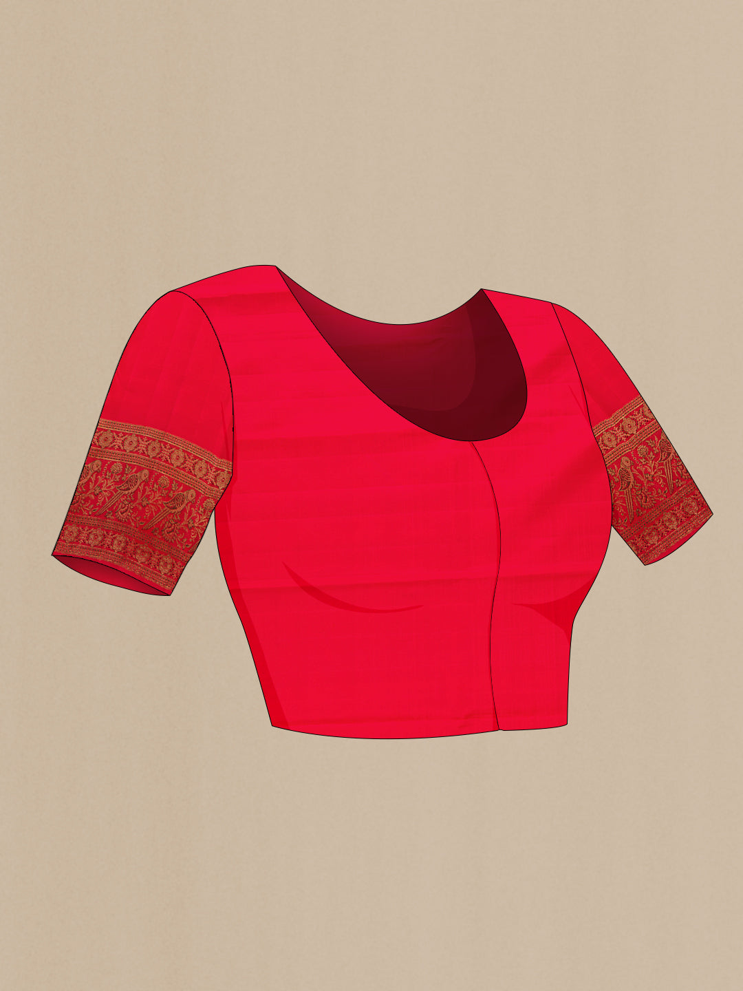 Close up image of the blouse of Pure Silk Pure Zari Red Dual Tone Kanjivaram Saree with Zari Brocade on the body and Zari Border. 