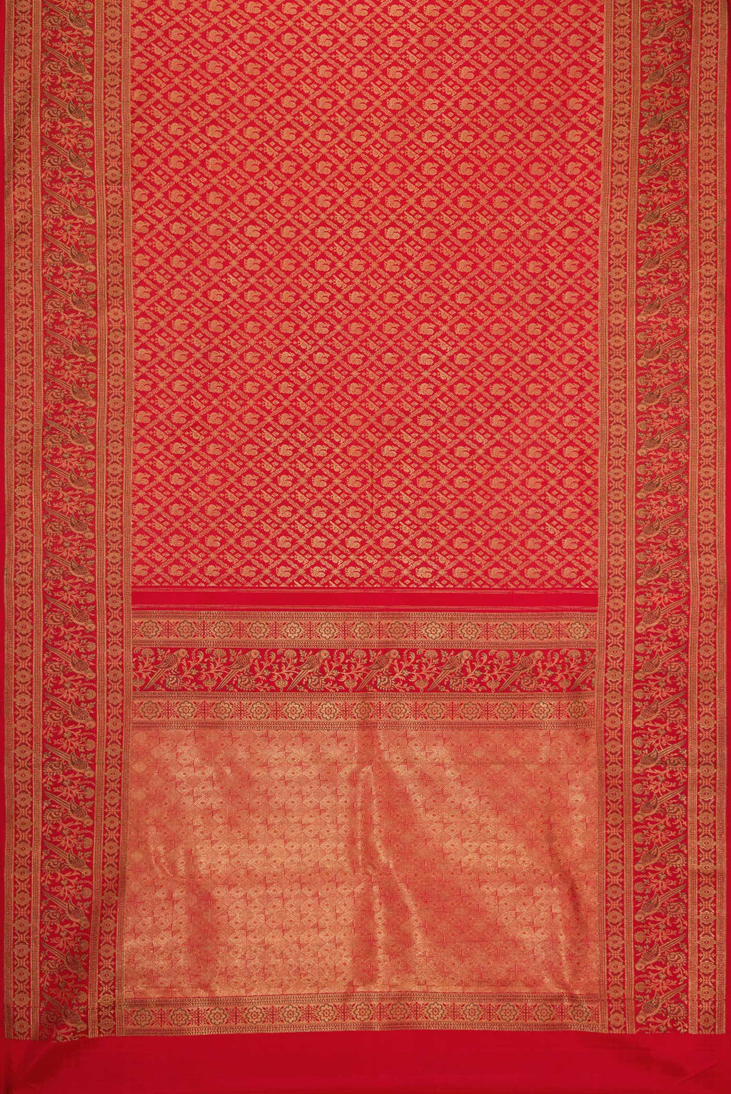Flat view of Pure Silk Pure Zari Red Dual Tone Kanjivaram Saree with Zari Brocade on the body and Zari Border. 