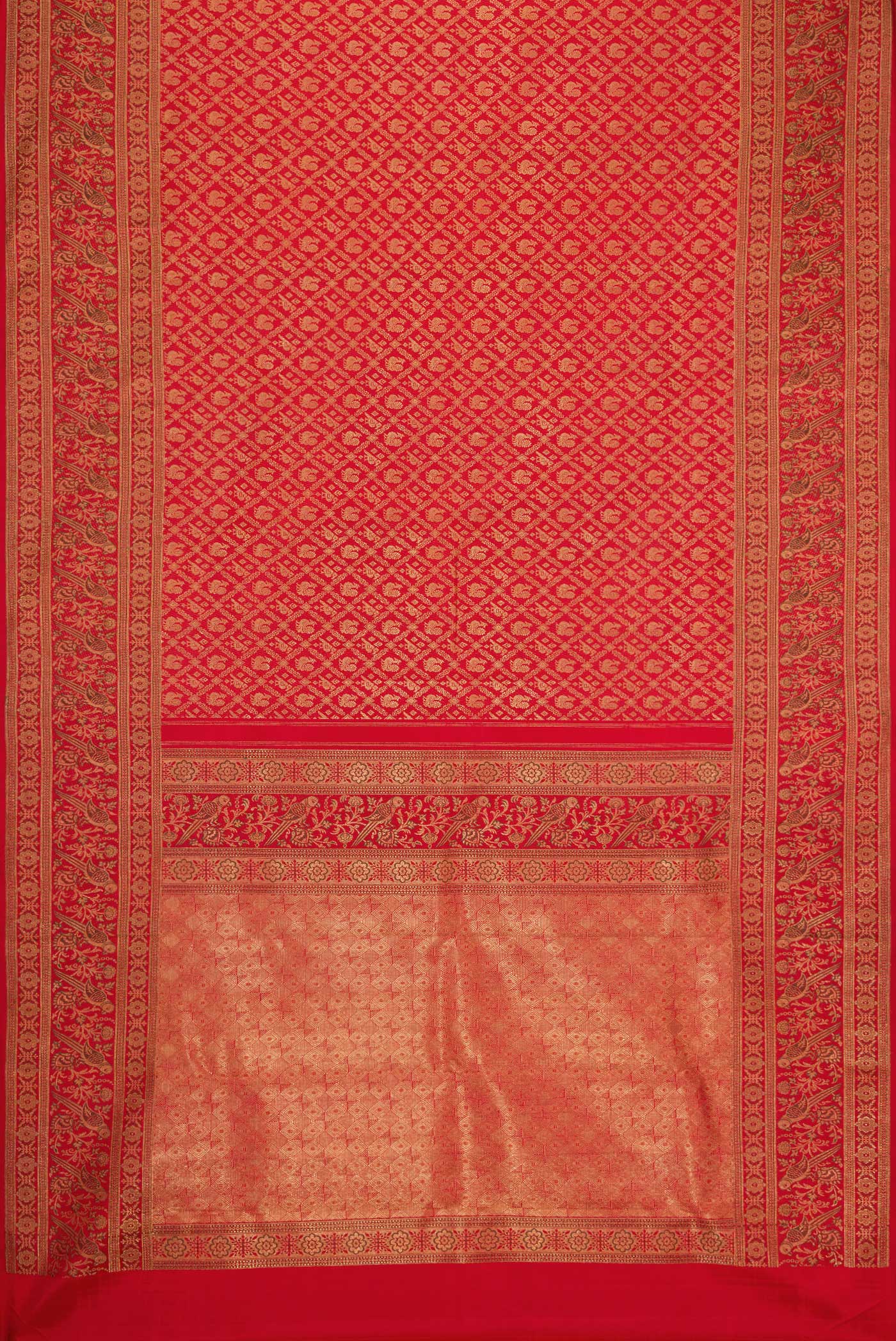 Flat view of Pure Silk Pure Zari Red Dual Tone Kanjivaram Saree with Zari Brocade on the body and Zari Border. 