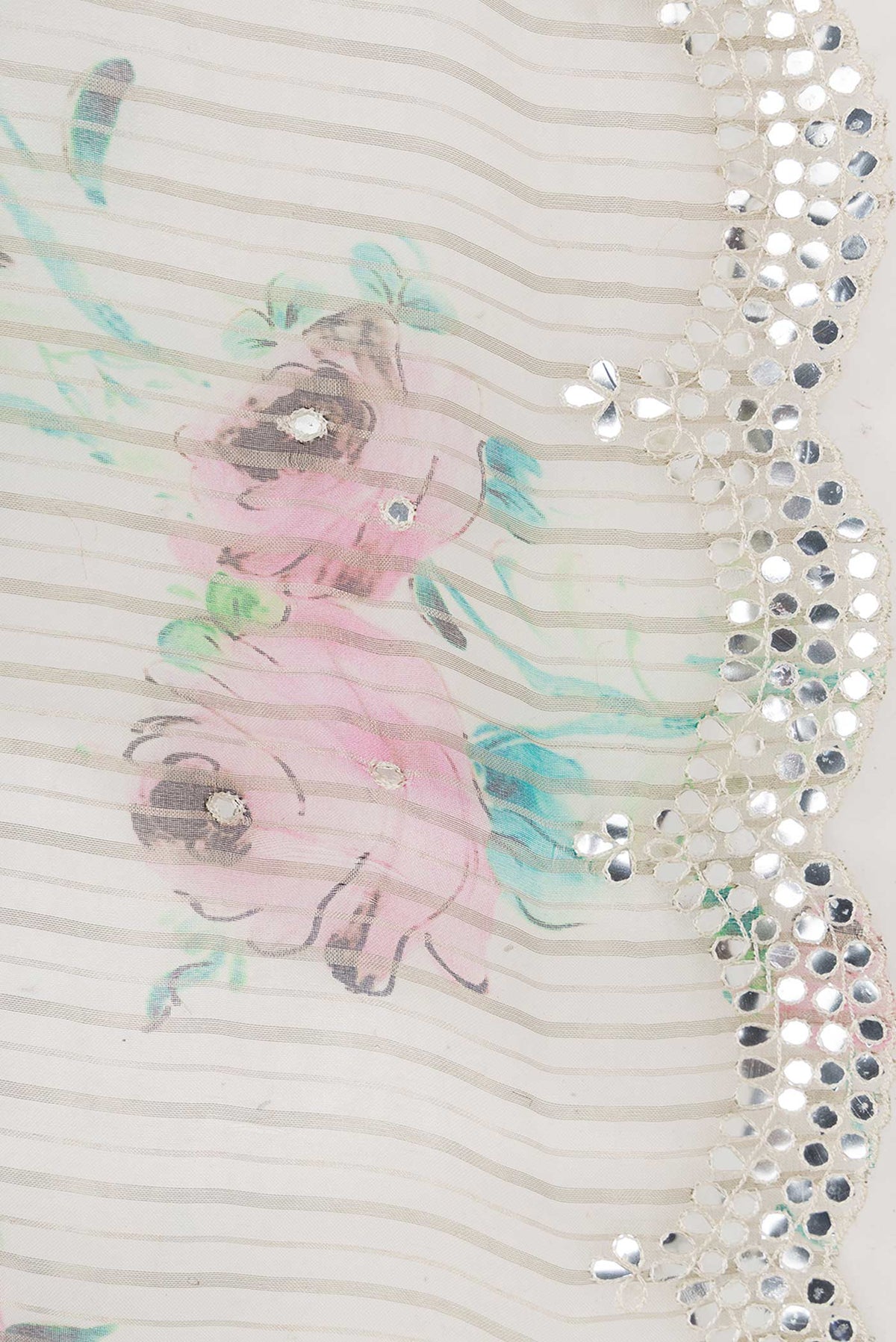 Border image of Off White Dual Tone Organza Silk Saree with Printed design on the body and Embroidery Border. 