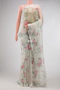 Off White Dual Tone Organza Silk Saree with Printed design on the body and Embroidery Border.  displayed on a mannequin