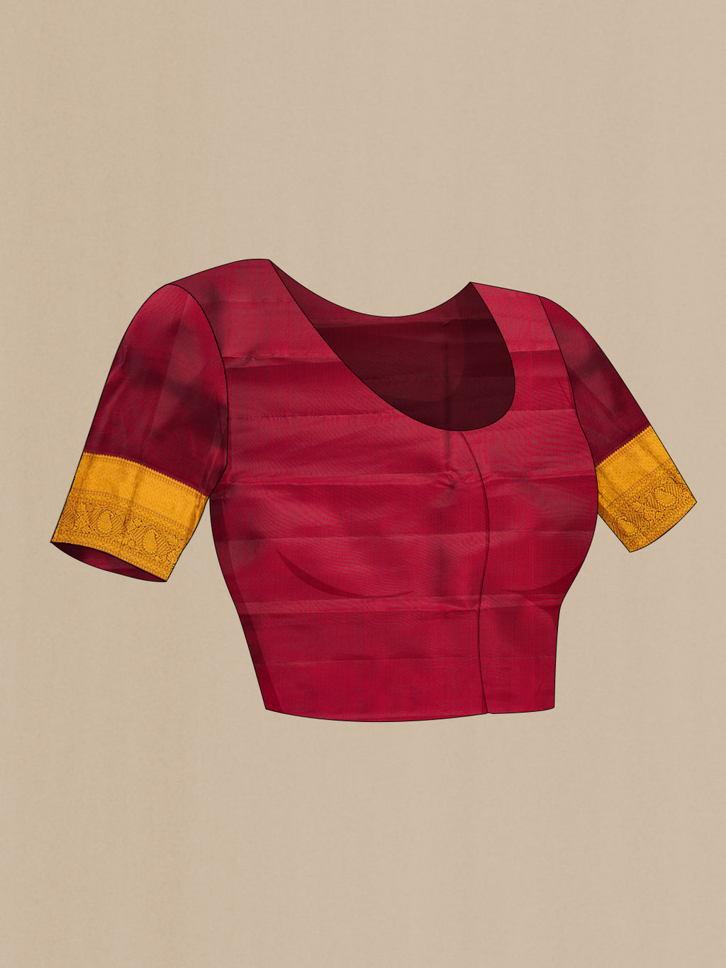Close up image of the blouse of Maroon Dual Tone Kanjivaram Silk Saree with Zari Brocade on the body and Zari Border. 