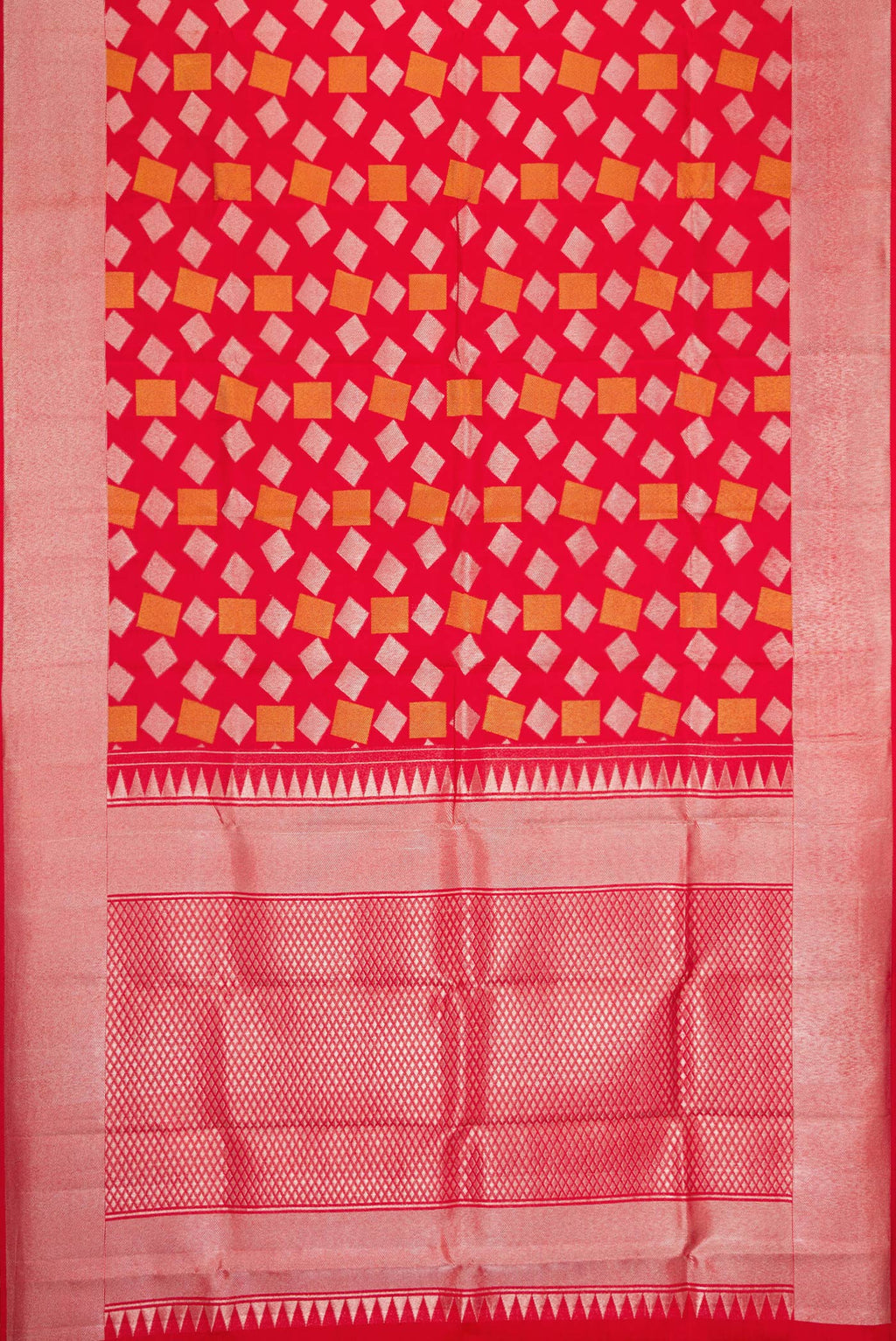 Flat view of Red Dual Tone Kanchipuram Silk Saree with Zari Brocade on the body and Zari Border. 