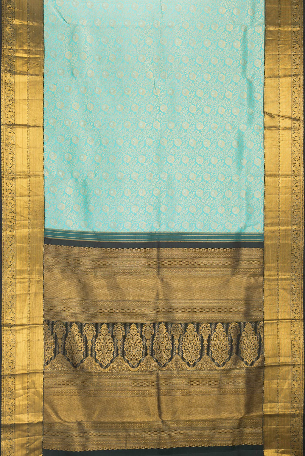 Flat view of Sea Green Dual Tone Kanchipuram Silk Saree with Zari Brocade on the body and Zari Border. 