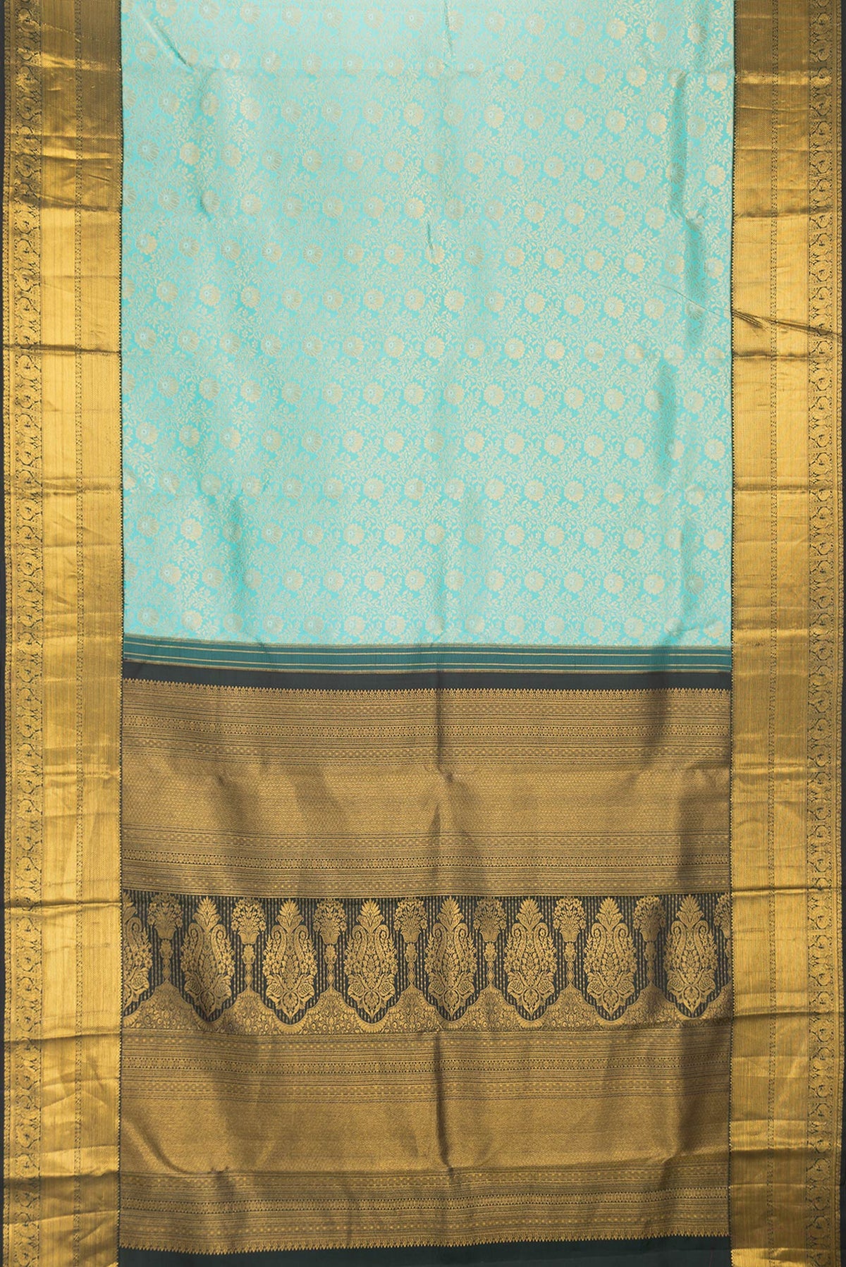 Flat view of Sea Green Dual Tone Kanchipuram Silk Saree with Zari Brocade on the body and Zari Border. 