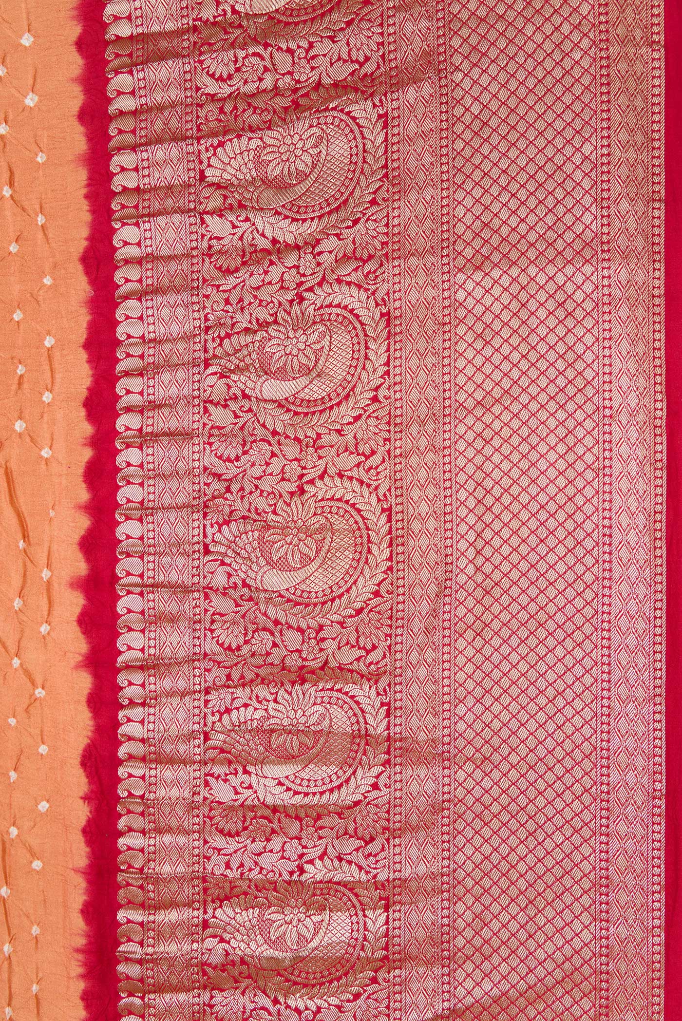 Border image of Brown Dual Tone Bandhani Silk Saree with Bandhani Print on the body and Zari Border. 