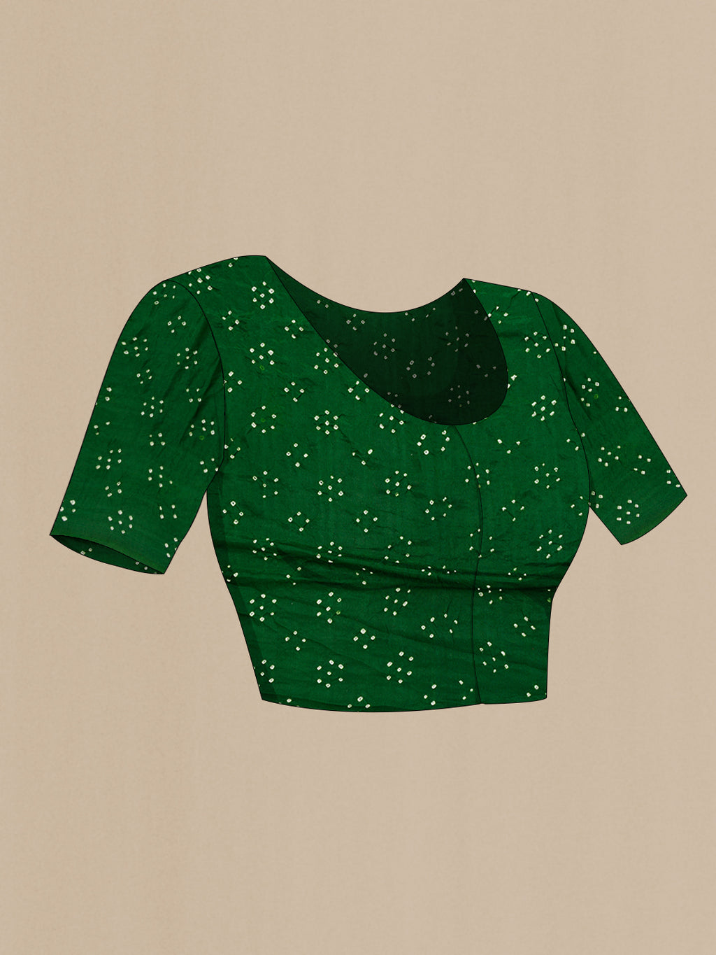 Close up image of the blouse of Bottle Green Dual Tone Bandhani Silk Saree with Printed design on the body and Printed Border. 