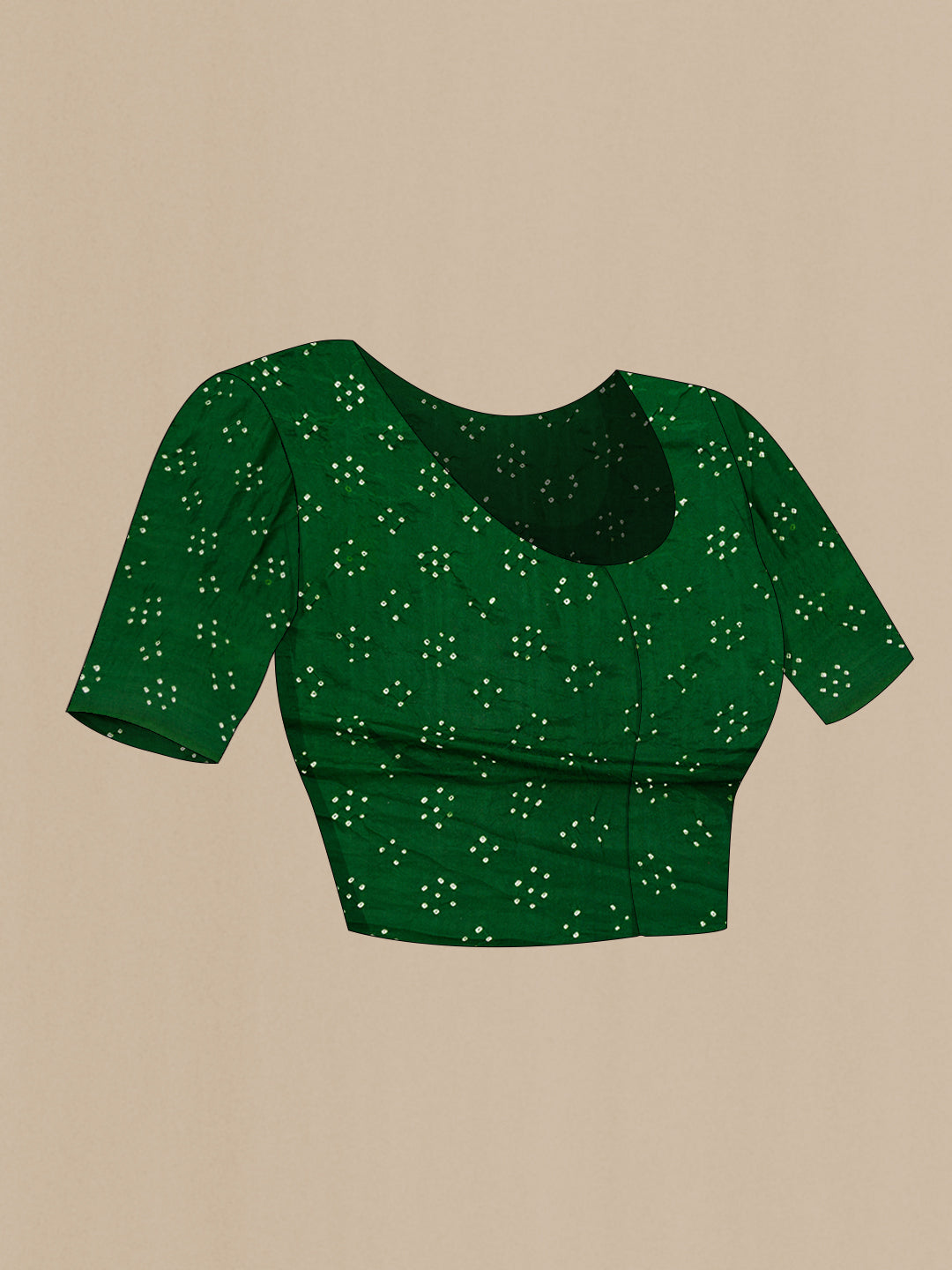 Close up image of the blouse of Bottle Green Dual Tone Bandhani Silk Saree with Printed design on the body and Printed Border. 