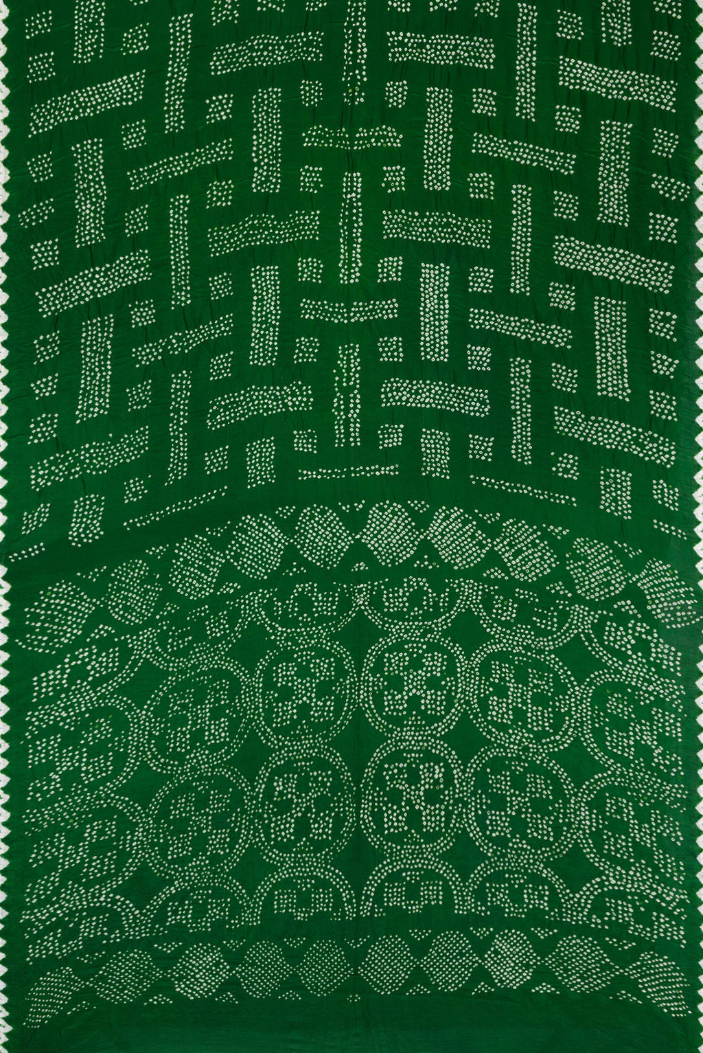 Flat view of Bottle Green Dual Tone Bandhani Silk Saree with Printed design on the body and Printed Border. 