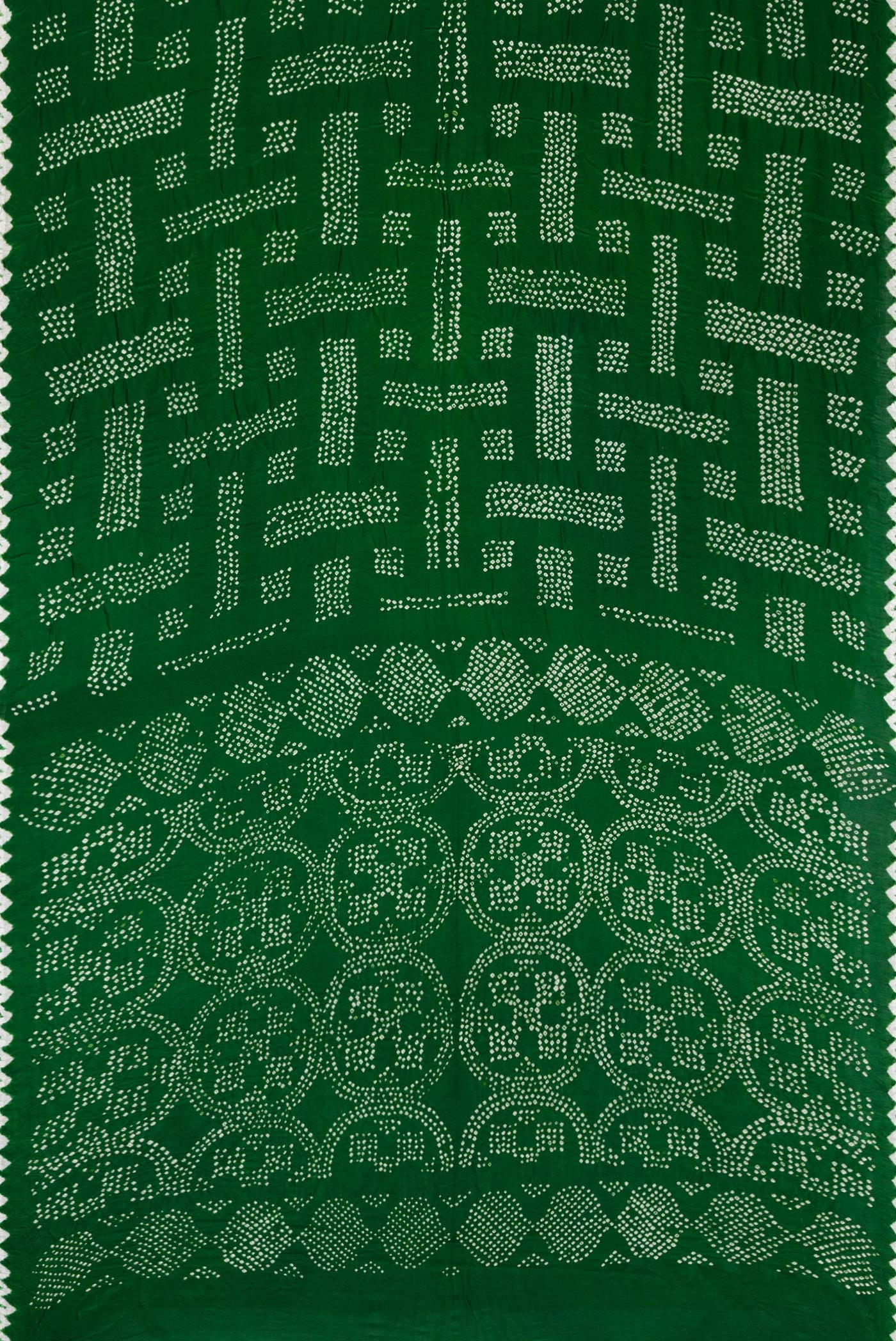 Flat view of Bottle Green Dual Tone Bandhani Silk Saree with Printed design on the body and Printed Border. 