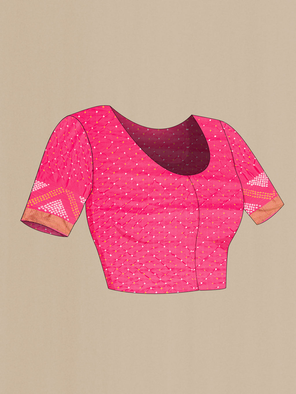 Close up image of the blouse of Pink Dual Tone Bandhani Silk Saree with Bandhani Print on the body and Zari Border. 