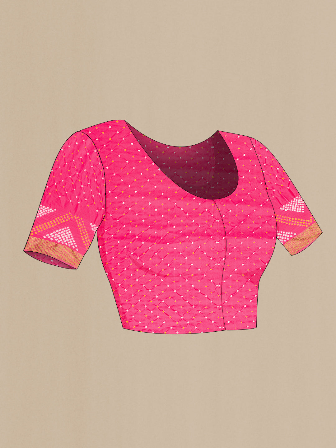 Close up image of the blouse of Pink Dual Tone Bandhani Silk Saree with Bandhani Print on the body and Zari Border. 