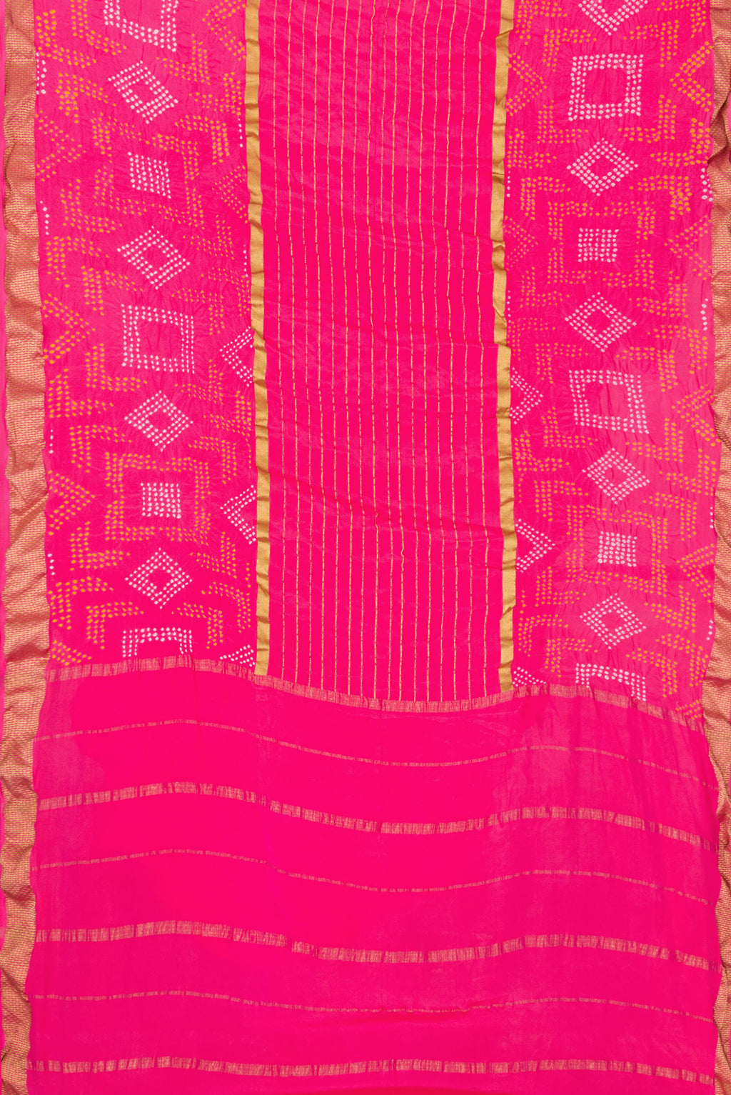 Flat view of Pink Dual Tone Bandhani Silk Saree with Bandhani Print on the body and Zari Border. 