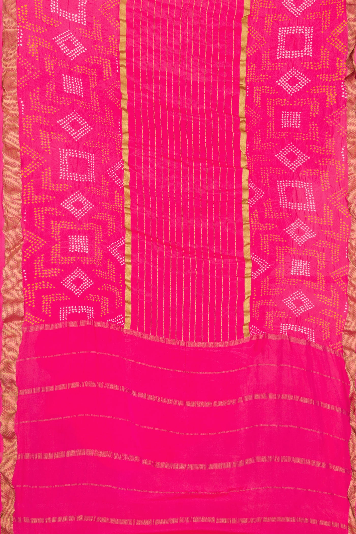 Flat view of Pink Dual Tone Bandhani Silk Saree with Bandhani Print on the body and Zari Border. 