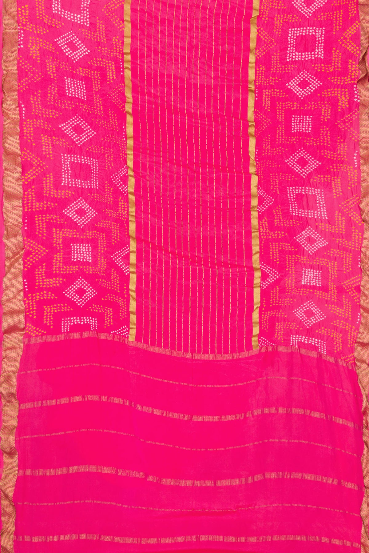 Flat view of Pink Dual Tone Bandhani Silk Saree with Bandhani Print on the body and Zari Border. 