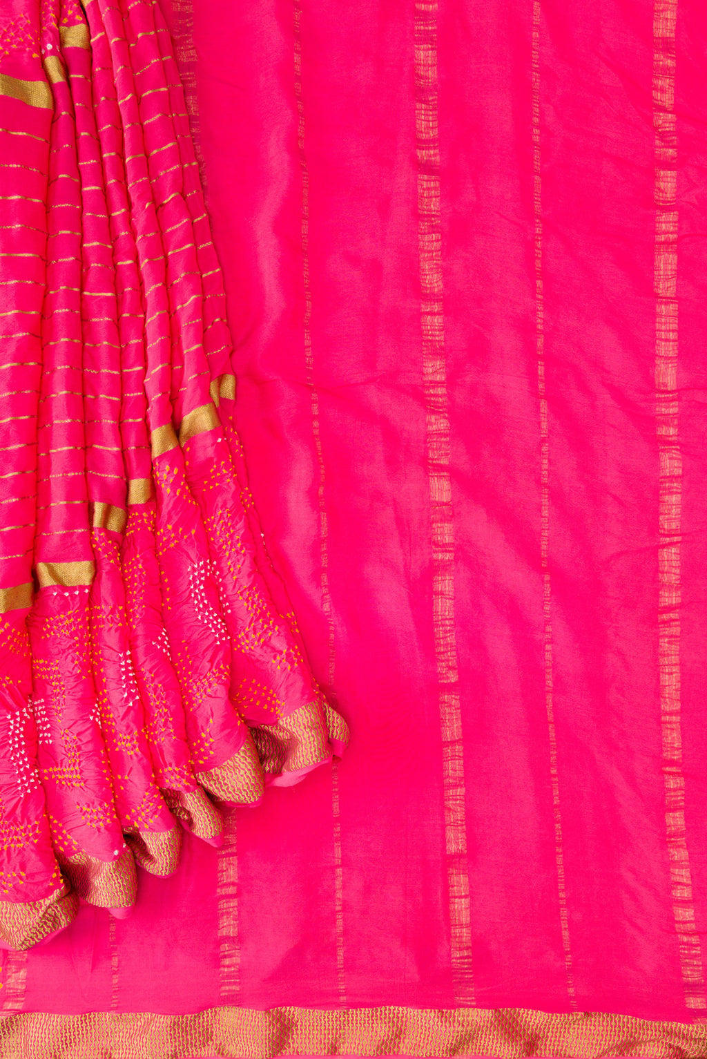 Pleats and pallu of Pink Dual Tone Bandhani Silk Saree with Bandhani Print on the body and Zari Border. 