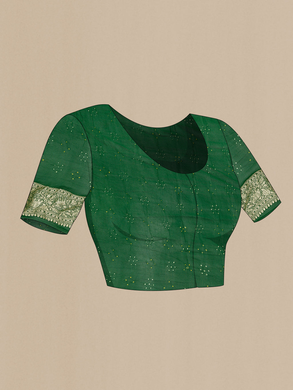 Close up image of the blouse of Bottle Green Dual Tone Banarasi Georgette Saree with Zari Brocade on the body and Zari Border. 