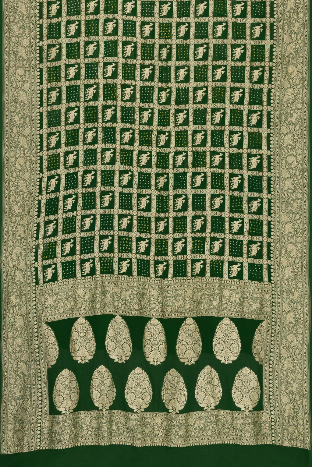 Flat view of Bottle Green Dual Tone Banarasi Georgette Saree with Zari Brocade on the body and Zari Border. 