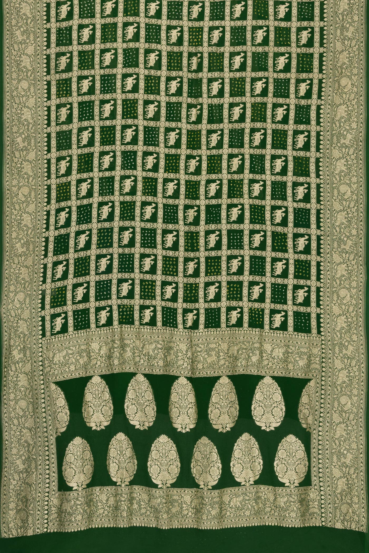 Flat view of Bottle Green Dual Tone Banarasi Georgette Saree with Zari Brocade on the body and Zari Border. 