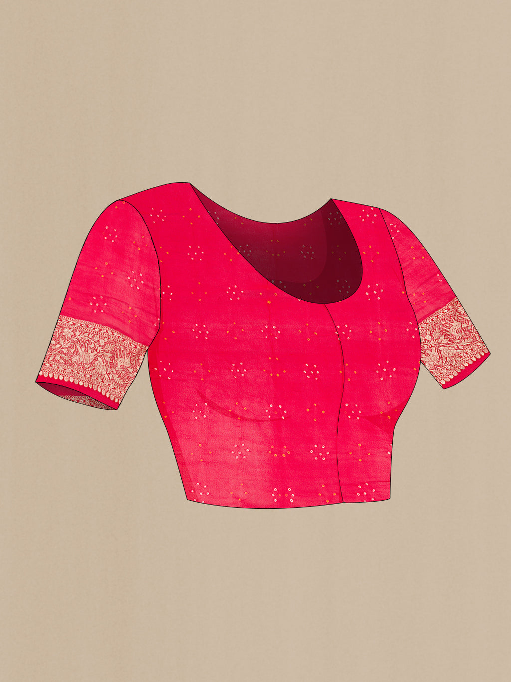Close up image of the blouse of Red Dual Tone Bandhani Silk Saree with Zari Brocade on the body and Zari Border. 