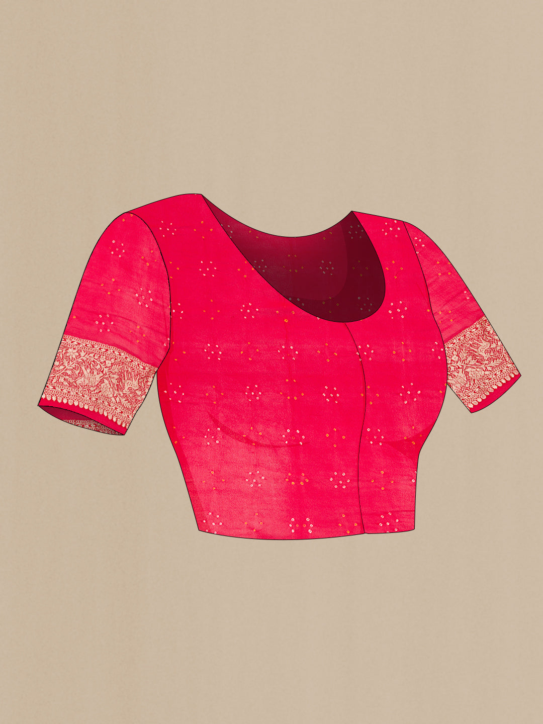 Close up image of the blouse of Red Dual Tone Bandhani Silk Saree with Zari Brocade on the body and Zari Border. 