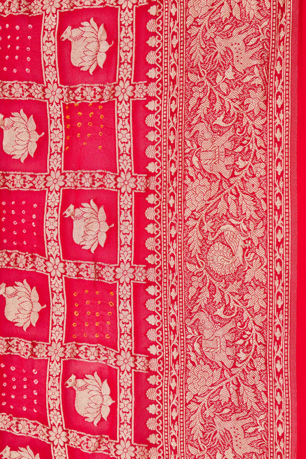 Border image of Red Dual Tone Bandhani Silk Saree with Zari Brocade on the body and Zari Border. 