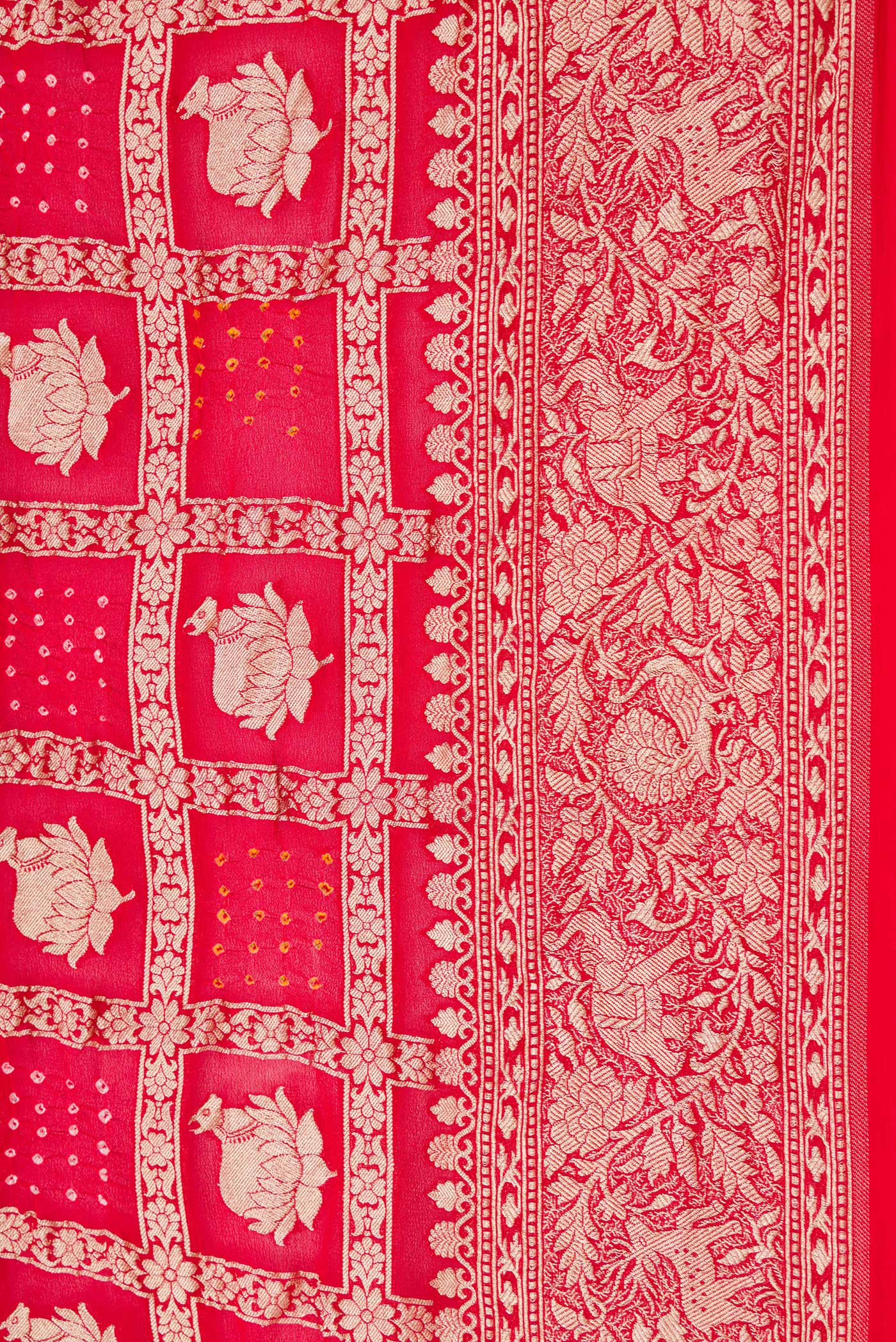Border image of Red Dual Tone Bandhani Silk Saree with Zari Brocade on the body and Zari Border. 